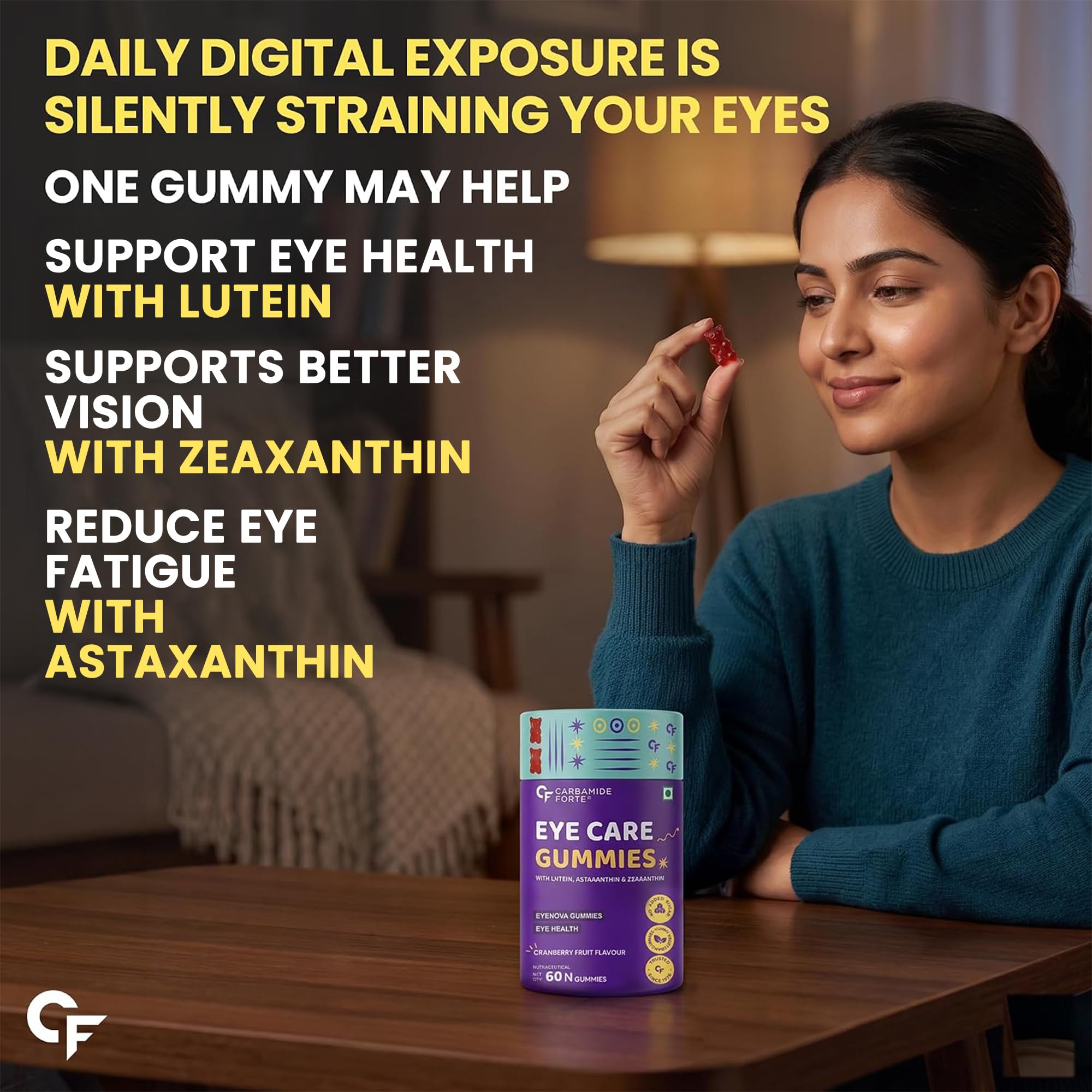 Carbamide Forte Eye Care Supplement | Lutein and Zeaxanthin Supplements for Eye Care | Cranberry Flavoured - 60 Gummies — Amazon image 3