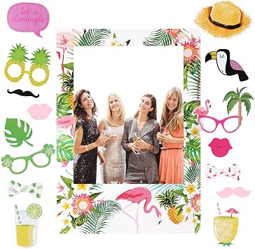 PHOGARY Luau Photo Booth Props - 15PCS Tropical Party Props Kit with Summer Beach Photo Frame for Hawaiian Luau Summer Beach Party Supplies