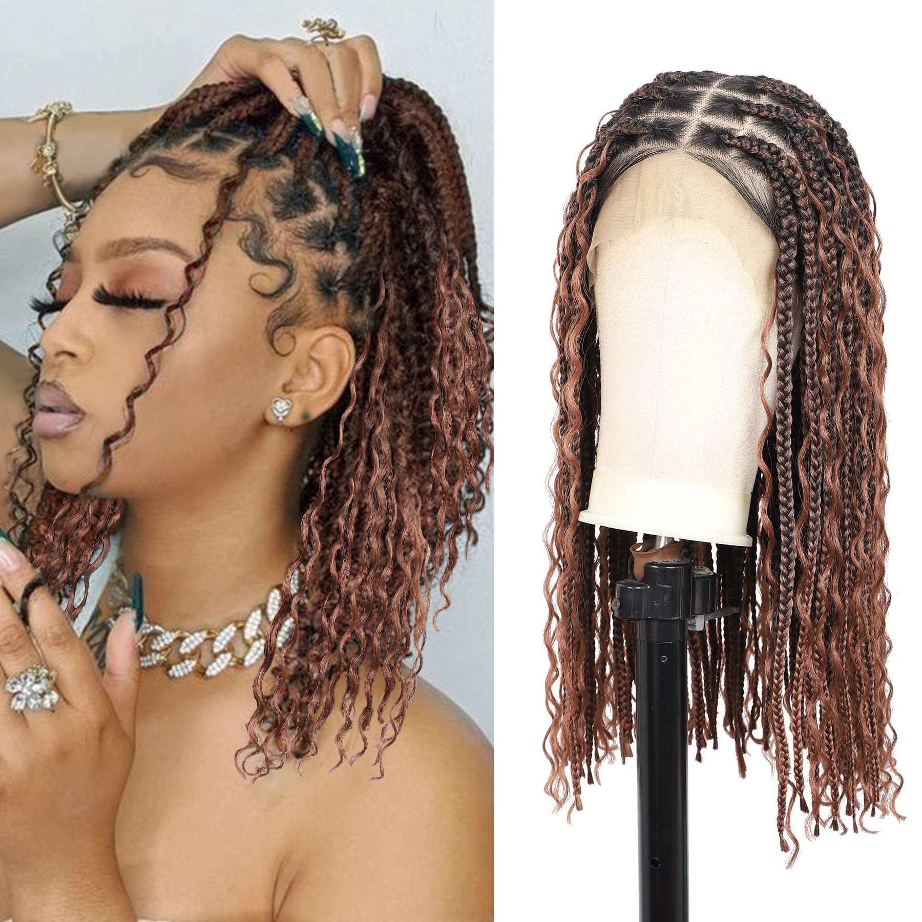 Lexqui 18" Short Boho Braided Wigs for Women 13x8 Inch Hd Lace Front Box Braid Wig Bob Knotless Braided Wigs with Curly End Braided Lace Front Wig Human Hair Blended Natural Brown