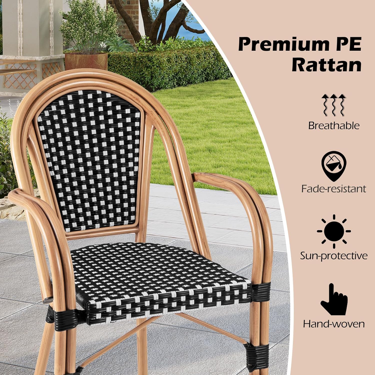 Tangkula Outdoor French Bistro Chairs Set of 2, Hand-Woven PE Wicker Patio Chairs with Armrests, Outdoor Dining Armchairs with Galvanized Metal Frame for Porch, Garden (1,Black)