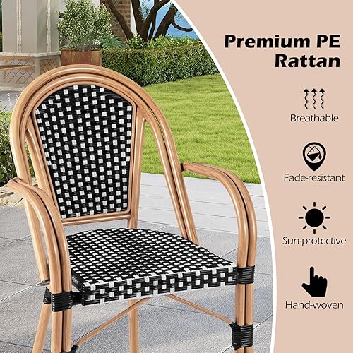Miniatura 5 de Tangkula Juego de 2 sillas de bistró francesas para exteriores, sillas de mimbre de polietileno tejidas a mano con reposabrazos, sillones de comedor