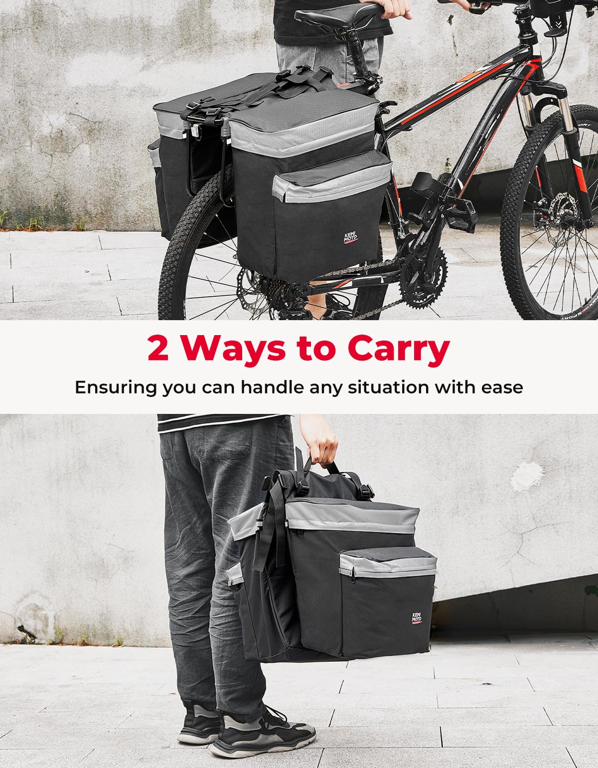 KEMIMOTO Bike Bag Bicycle Panniers Rear Rack Bag, 34L Large Capacity Water Resistant Bicycle Trunk Bag, Bike Saddle Bag for Grocery Shopping, Support for Width Less Than 6 inches Bike Rack, Grey