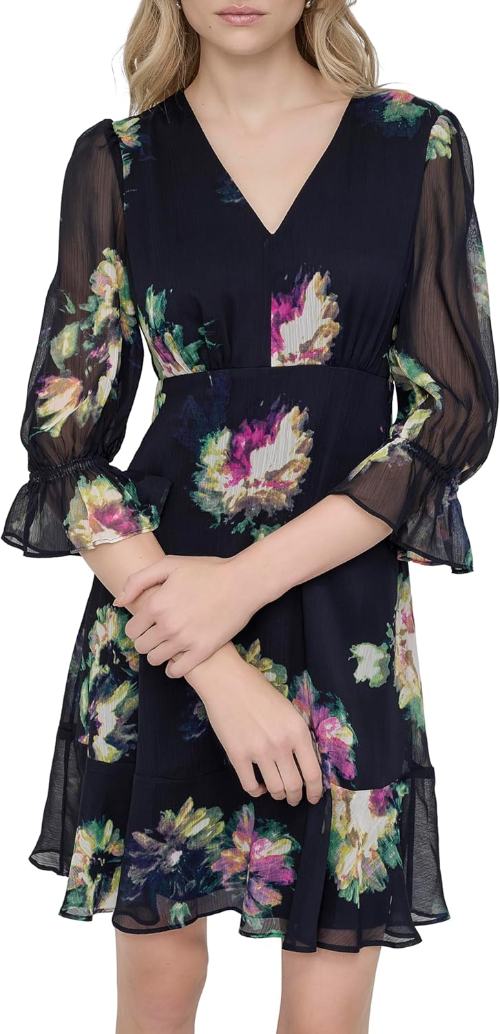 DKNY Women's V-Neck Balloon Sleeve with Ruffle Hem