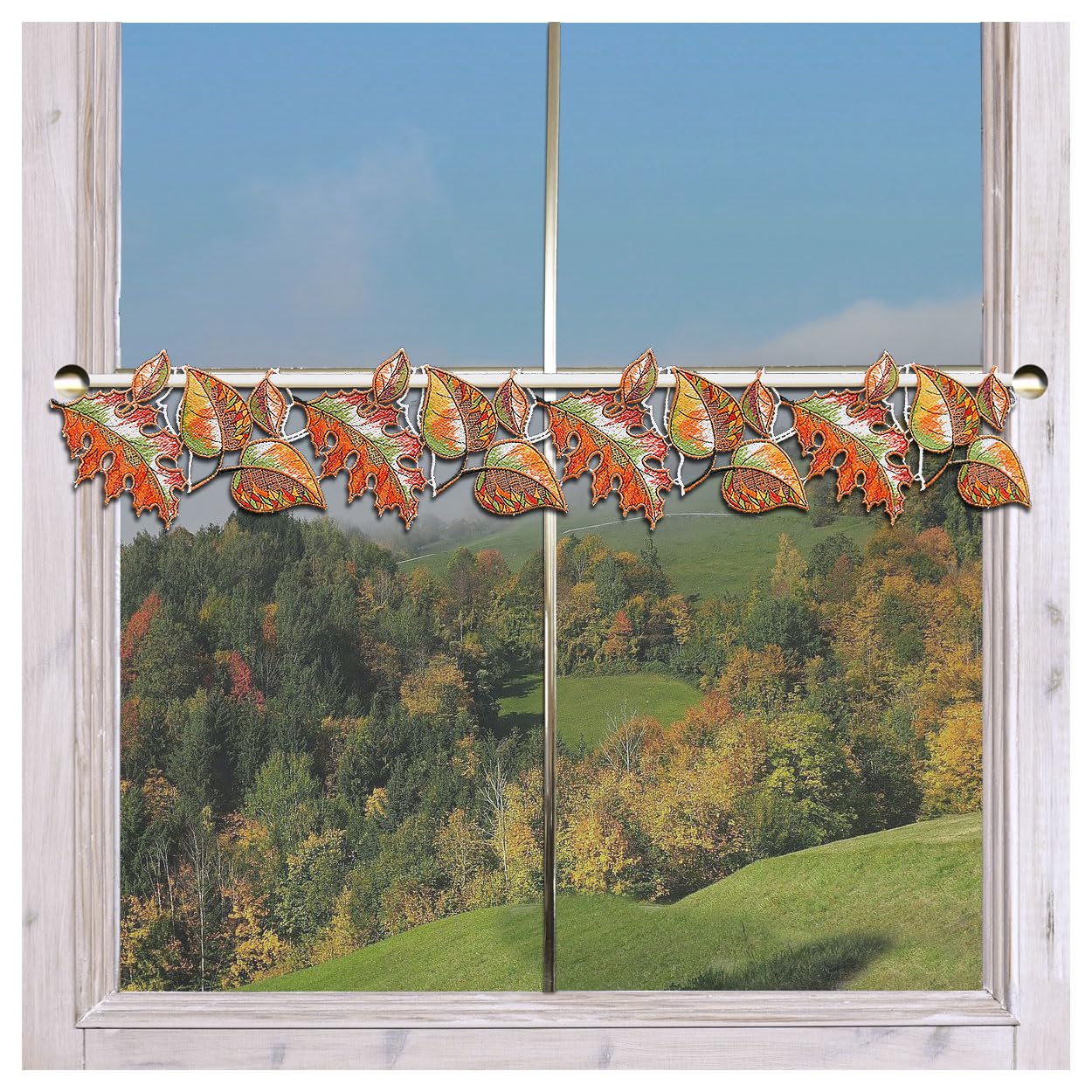 Feenhaus-Scheibengardine Herbst-Laub | feine Bunt-Stickerei Plauener Spitze | hochwertige Spitzengardine Bunte Blätter in Herbstfarben | Mini-Scheibenhänger Goldener Herbst | 14cm hoch, viele Breiten