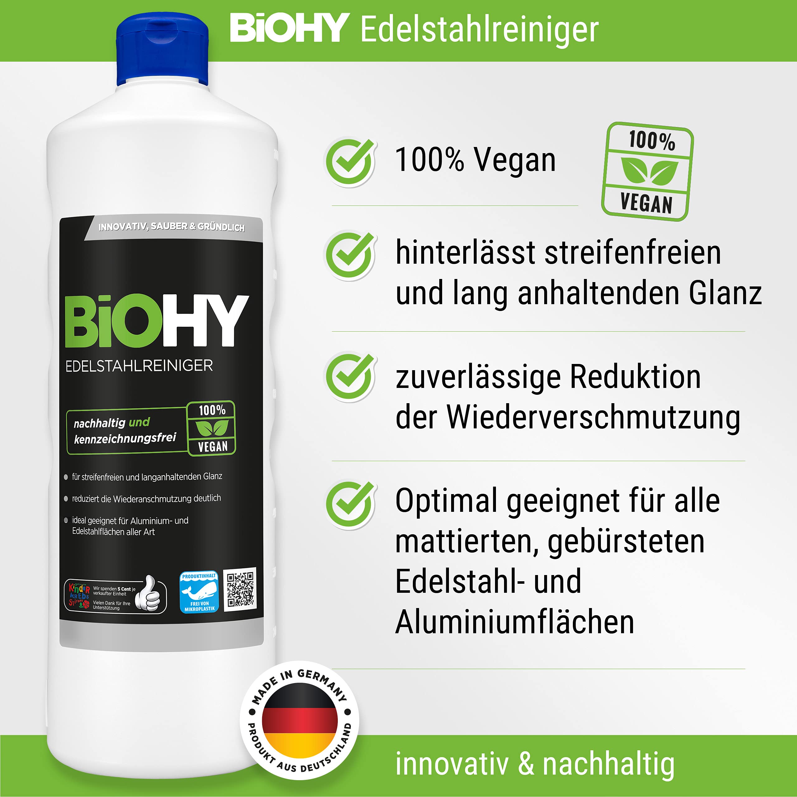 BiOHY Juego combinado de productos de limpieza con dosificador y pastillas para lavavajillas (8 x 1 L), para todos los ámbitos de aplicación, potente y eficiente, limpiador 100% vegano sin