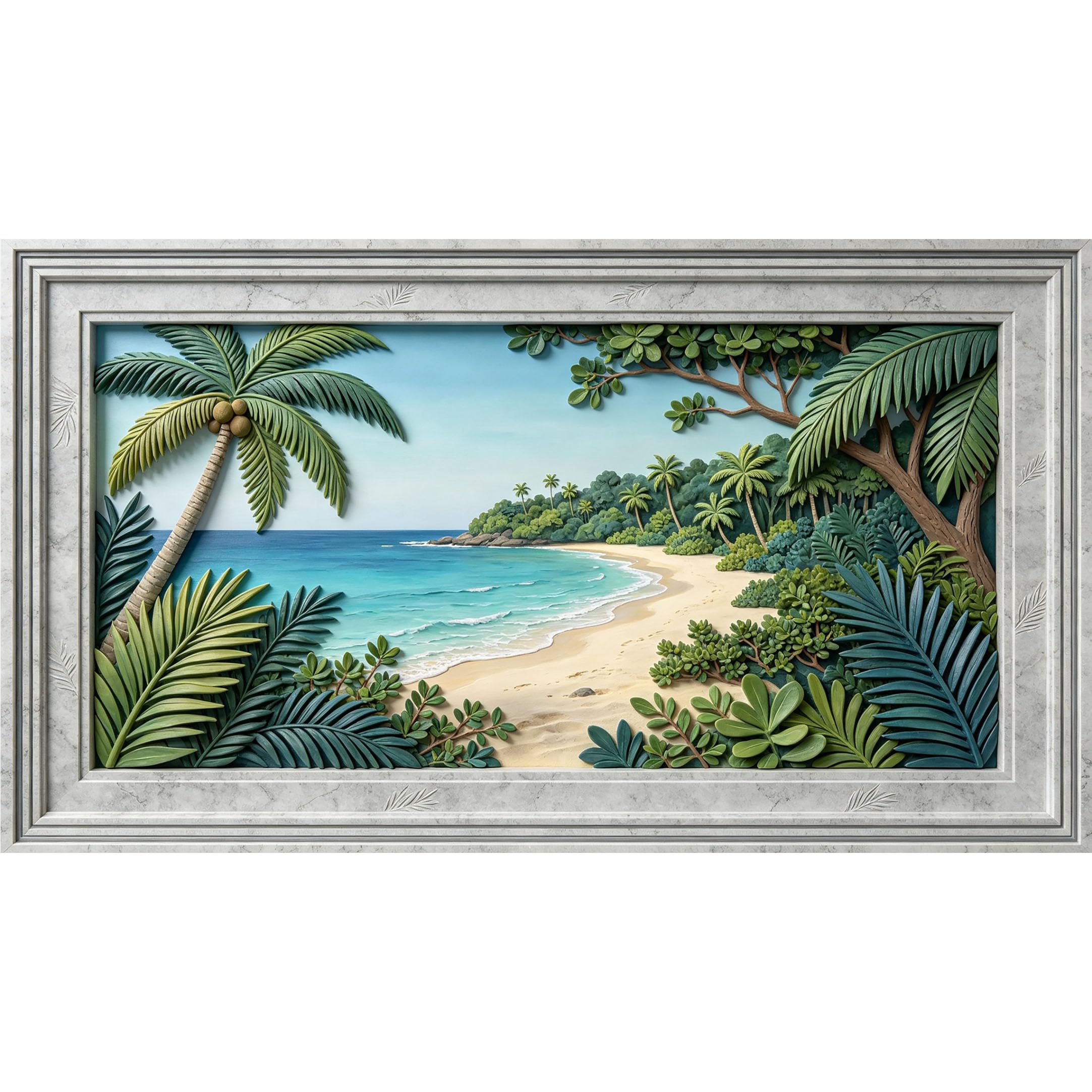 QZLITHOTIC 50×90cm3D Framed Wall Art， Tropical Coastal Beach Palm Tree Landscape SelfAdhesive Mural， WaterActivated Peel & Stick Fabric Decor Wall Decal for Bedroom Living Room