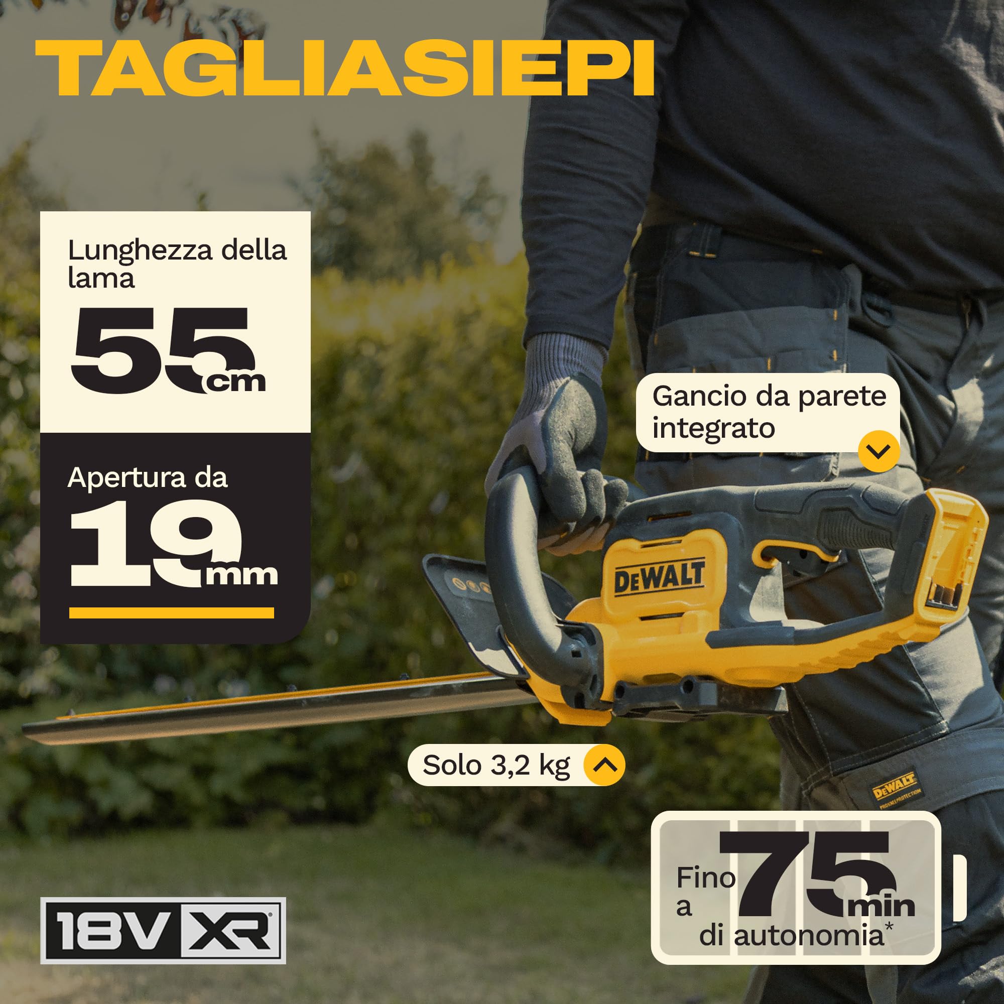 DEWALT Motosega Compatta Brushless 30cm 18V XR, progettato per tagli rapidi e precisi grazie alla sua robusta lama da 55 cm e allo spazio di 19 mm, Solo Utensile, DCM565N-XJ