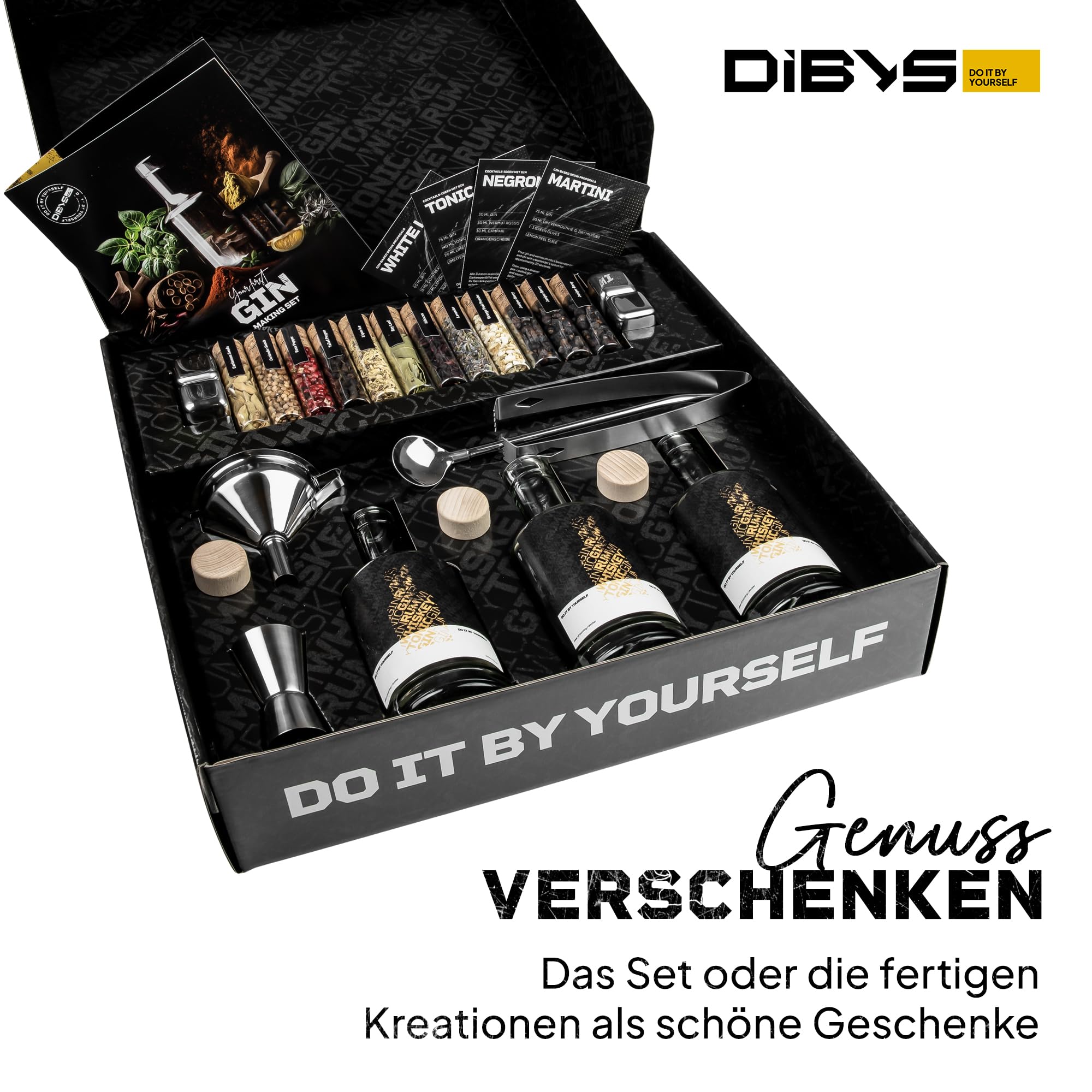 Gin-Baukasten für Anfänger mit 12 Botanicals & Zubehör - Gin selber Machen DIY-Set | 3 Glasflaschen, Trichter, Barlöffel + 4 Rezepte | Geschenkidee für Sie & Ihn zum Geburtstag & Weihnachten | DIBYS