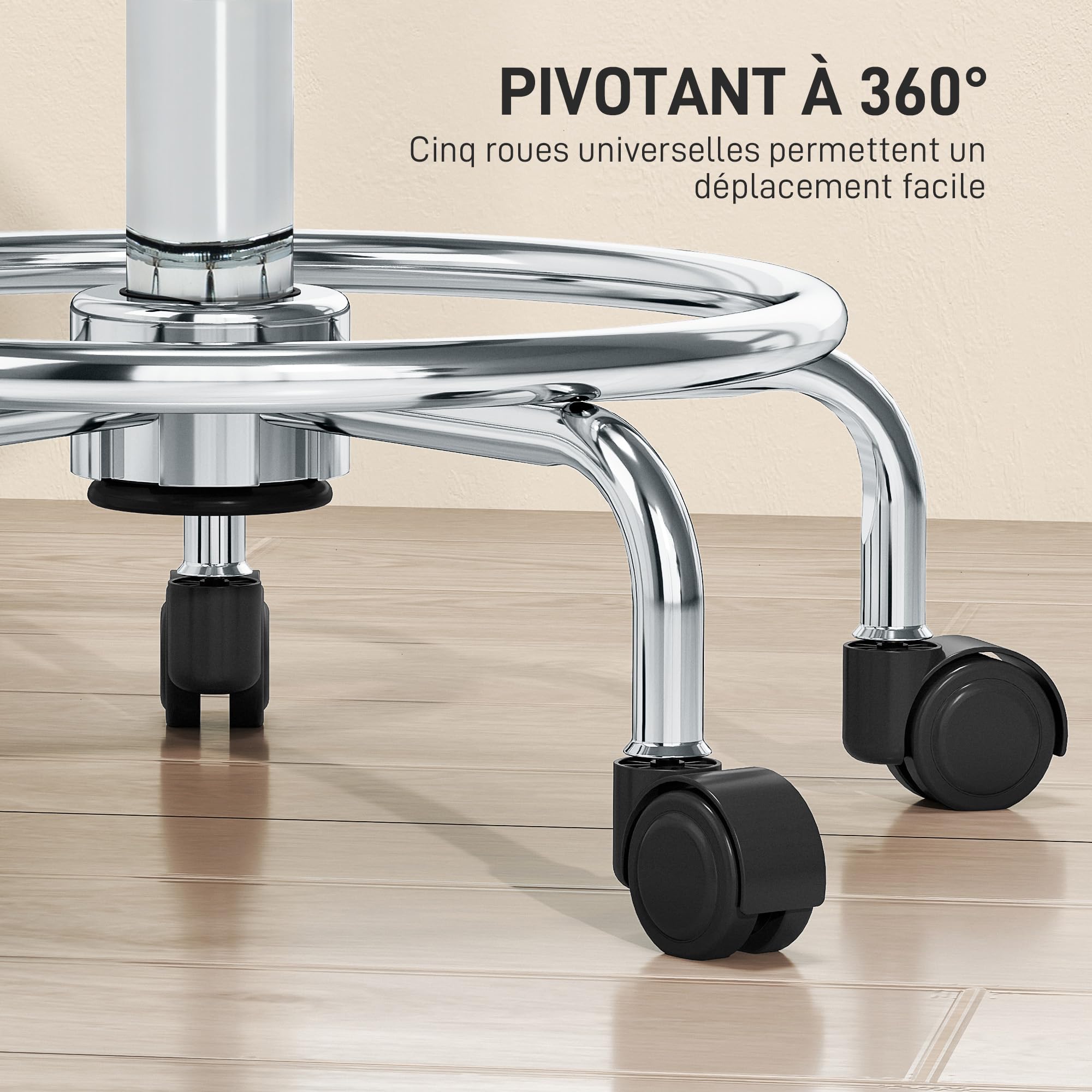 HOMCOM Tabouret à roulettes carré Hauteur Réglable 50-66 cm Noir | Chaise de travail avec Repose-Pieds, Pivotant 360°, Pour Salon de Massage, Tatouage, Clinique, Spa