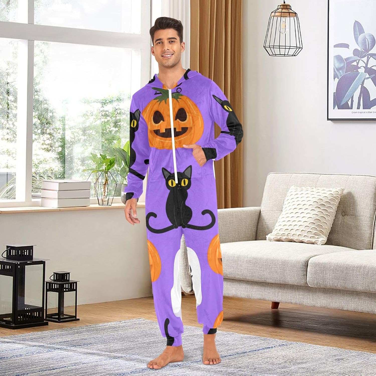 GAIREG Whimsical Halloween Purple Adult Onesie Pajamas with Hood, Soft Warm Unisex One Piece Costume for Men Women