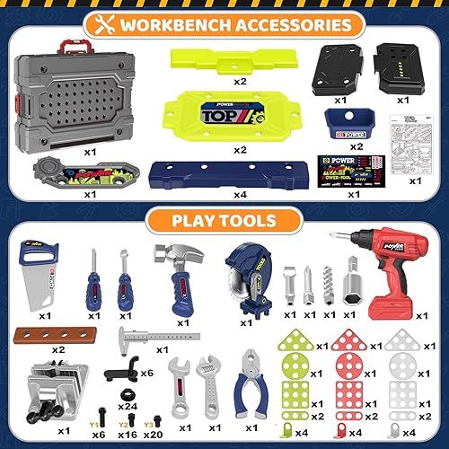 Miniatura 8 de Caja de herramientas 2 en 1 y banco de trabajo de herramientas con herramientas realistas y taladro eléctrico (verde)