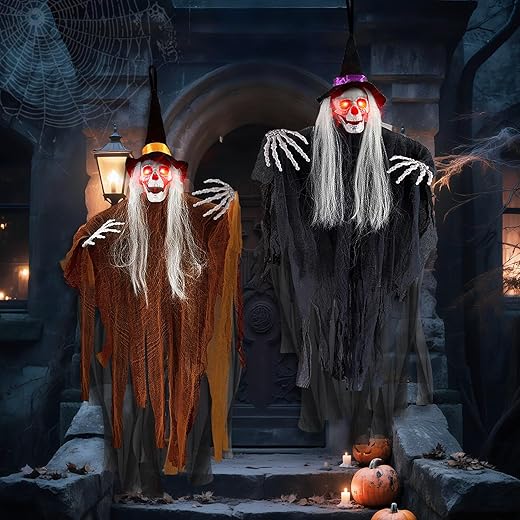 Lot de 2 décorations d'Halloween pour l'extérieur, 105 x 80 cm, décoration de squelette d'Halloween, décoration d'Halloween effrayante à suspendre, fantôme, sorcière, crâne