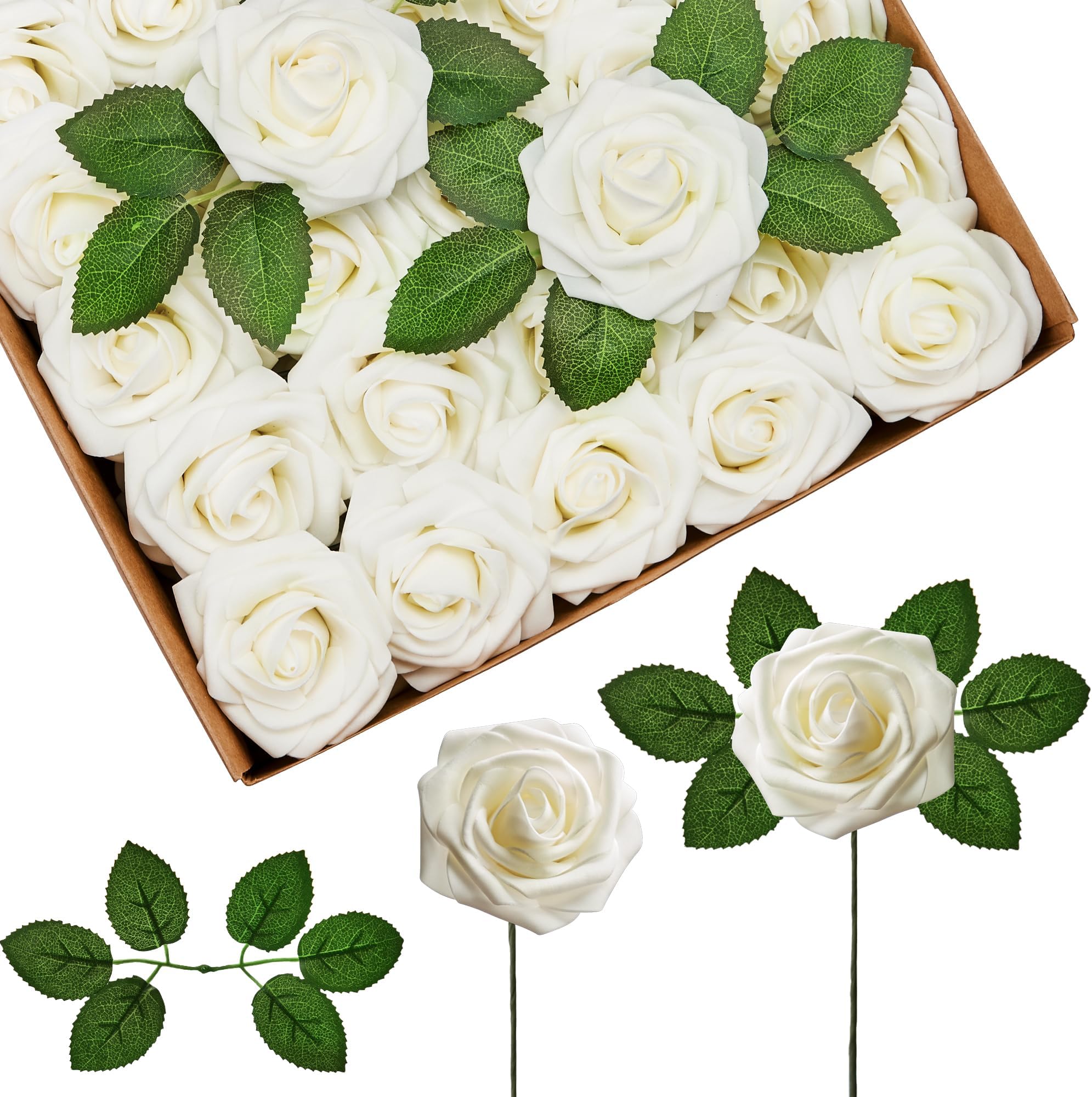 InnoGear Artificial Flowers, 50 Pcs Ivory White Foam Fake Roses Bulk with Stems for Decoration DIY Wedding Bouquets Centerpieces Bridal Shower Party Christmas Tree