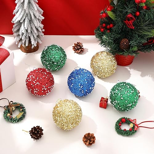 Vista 139 de Lyrow Juego de 24 adornos de bolas de Navidad con purpurina de 4 pulgadas, bolas de Navidad a granel, adornos colgantes de espuma de lentejuelas