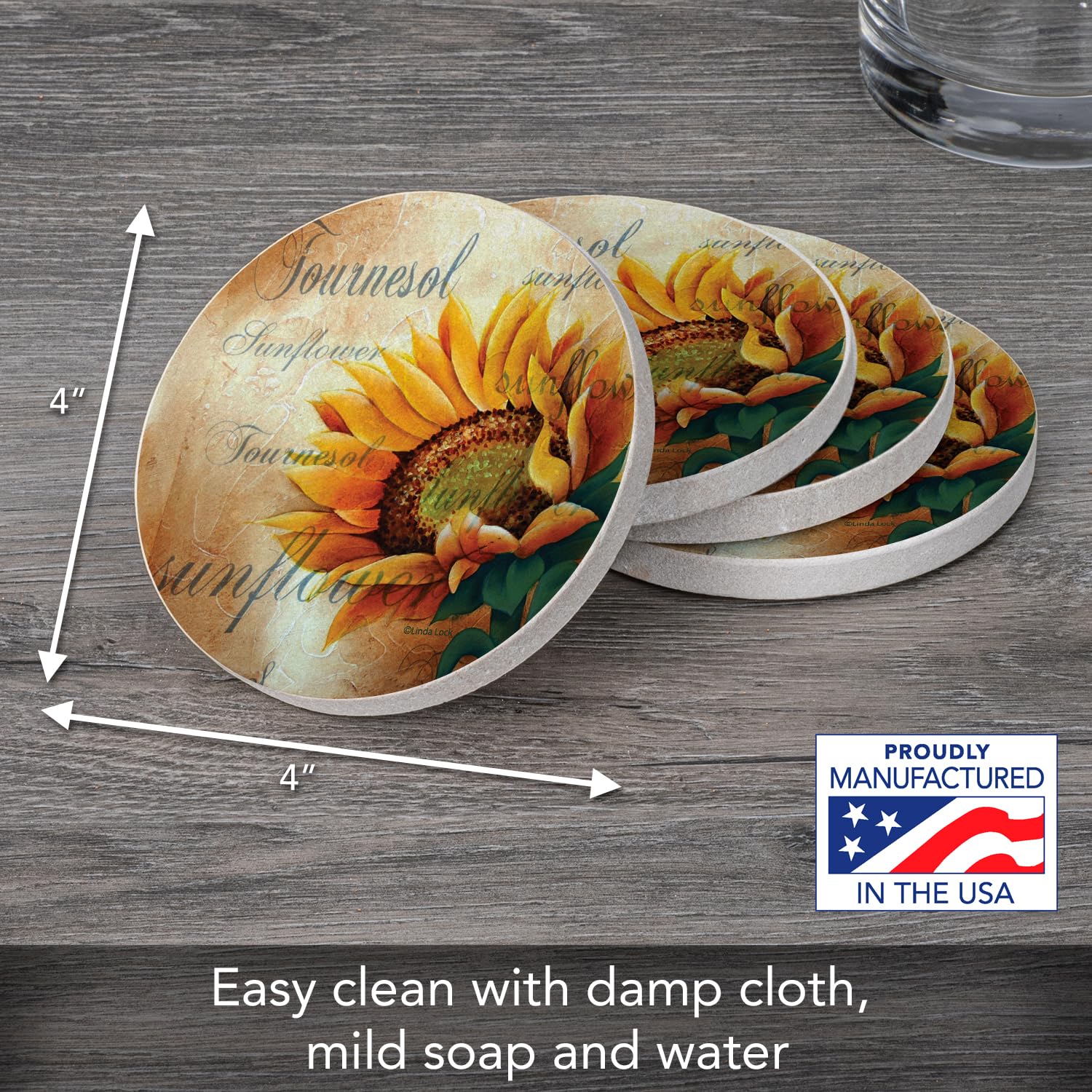 Thirstystone Sunflower II Natural Sandstone Coaster 4 Pack Eco-Friendly, Absorbent, Easily Wipes Clean