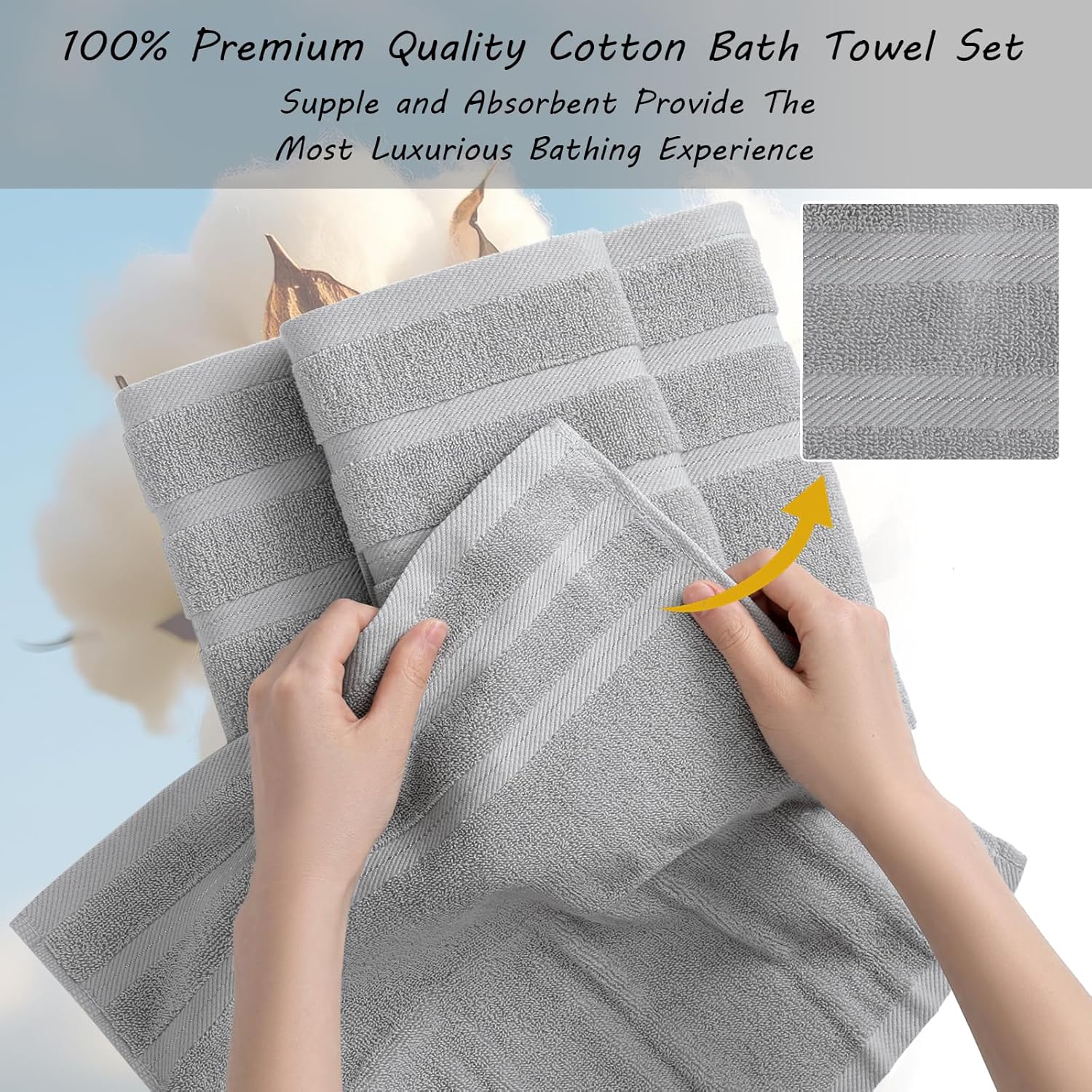 16-Piece Bath Towels Set, 100% Cotton Thick Soft Highly Absorbent Durable, Quick Dry, Bathroom Towels Set (4 Bath Towels, 4 Hand Towels, 8 Washcloths) - Perfect for Daily Use