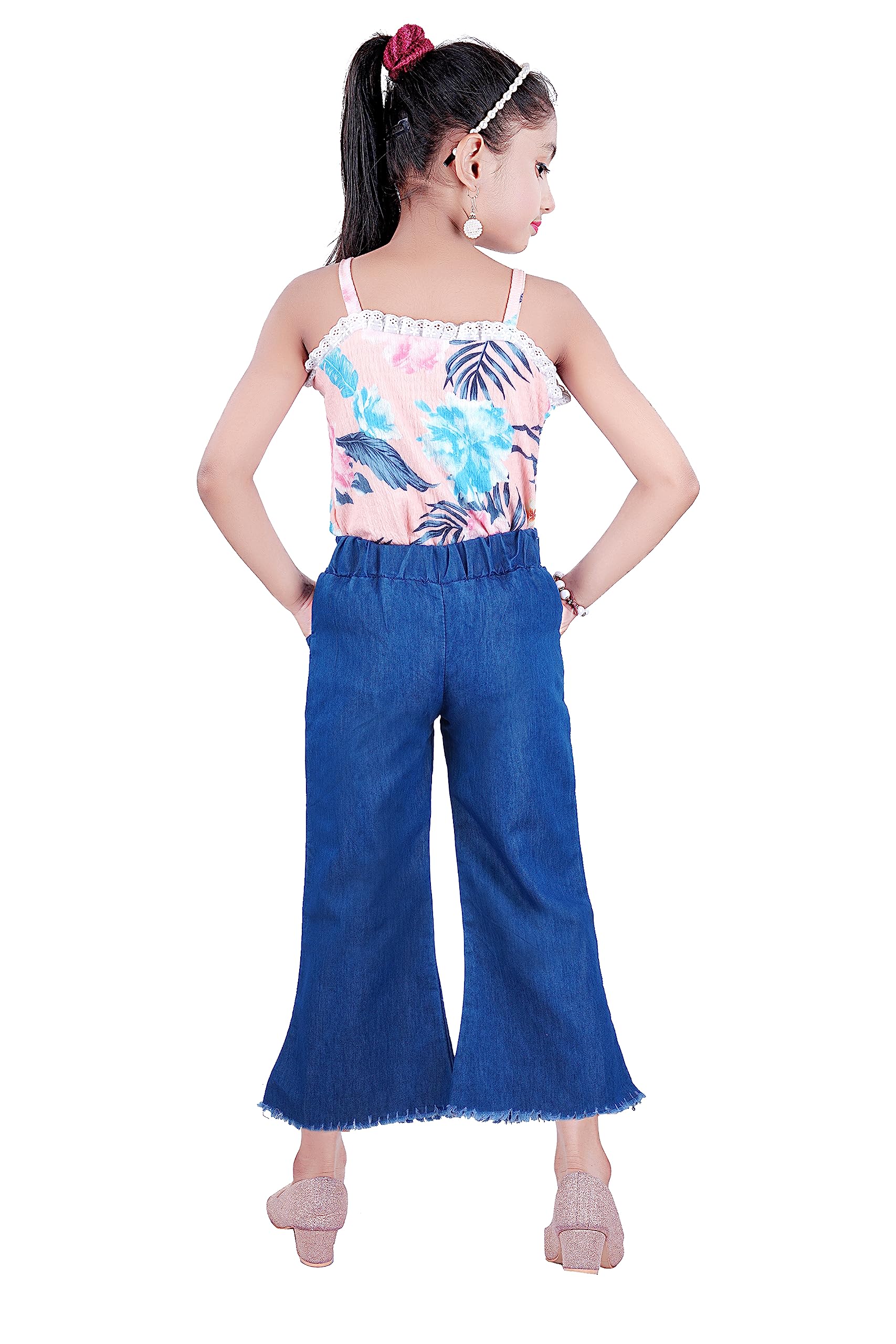 BENKILS Palazzo de mezclilla para niñas con cinturón | Ropa inferior de ajuste regular | Pantalones Palazzo relajados
