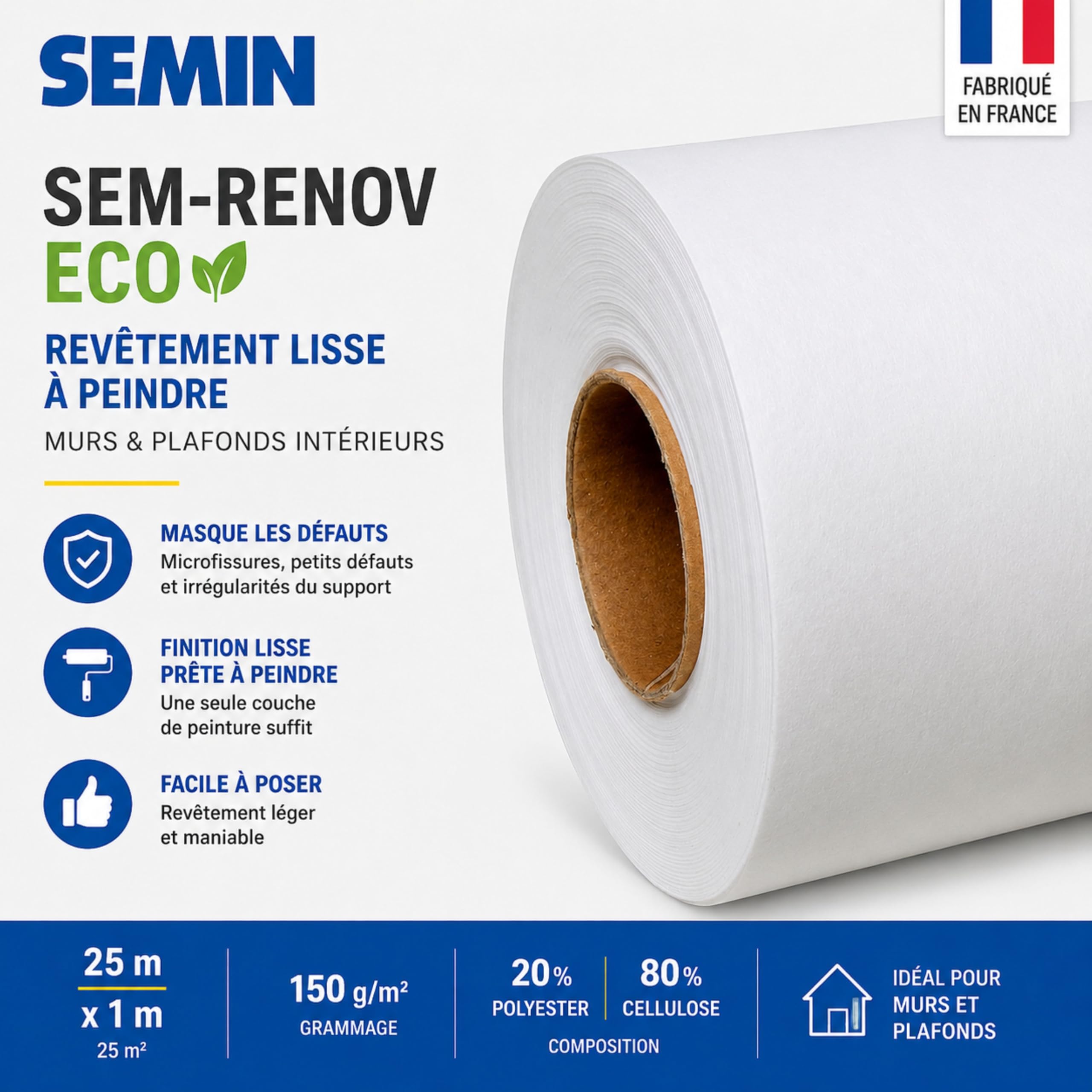 SEMIN Sem-Renov ECO – Revêtement Lisse de Rénovation à Peindre 25 x 1 m – Toile Murale pour Murs et Plafonds – Masque Défauts et Microfissures – Pose Facile – 150 g/m²