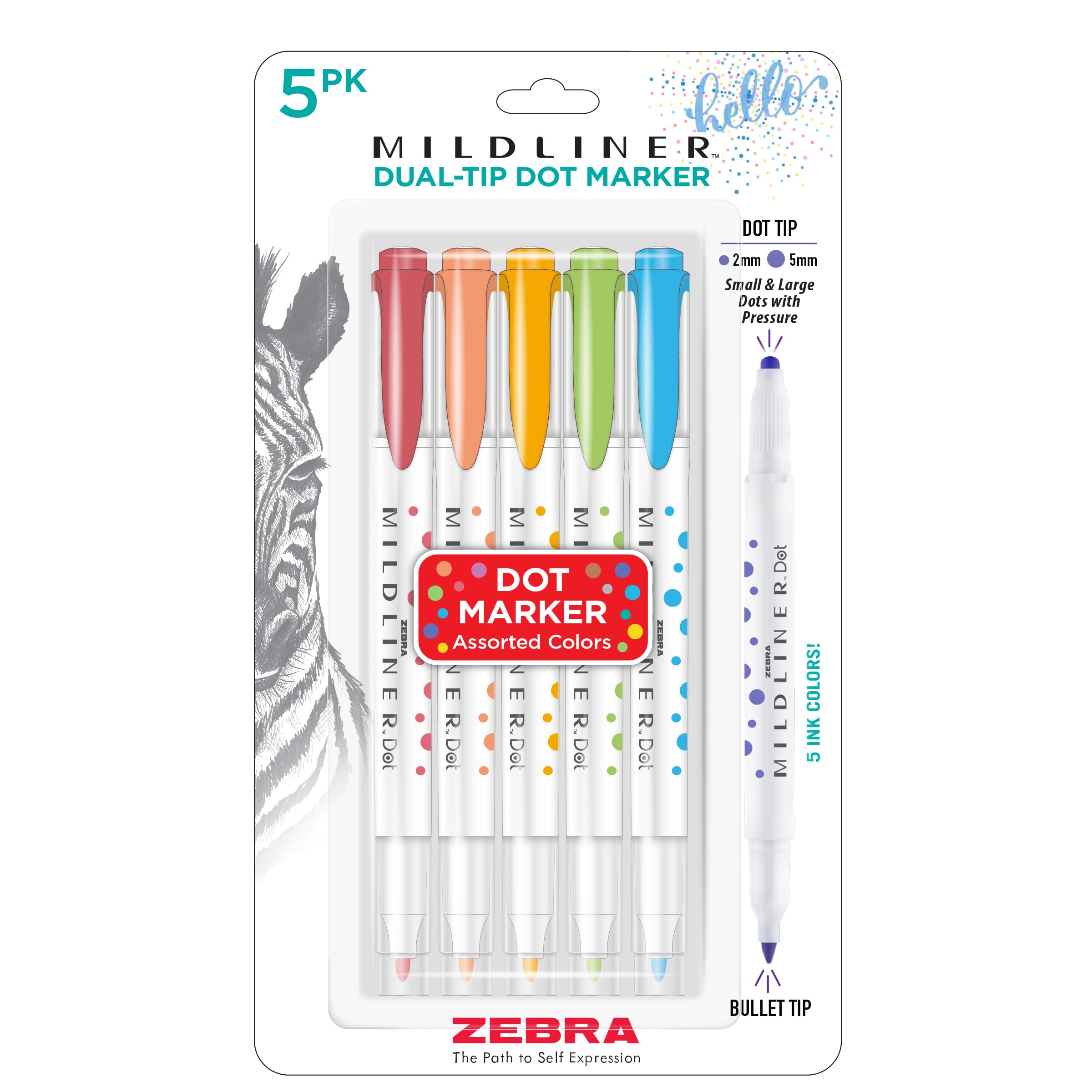 Zebra Pen Mildliner 73405 Twin Tip Marker, Water Based Pigment Ink, Extra Fine Round and Dot Stamp Tips, Assorted Colours, Pack of 5