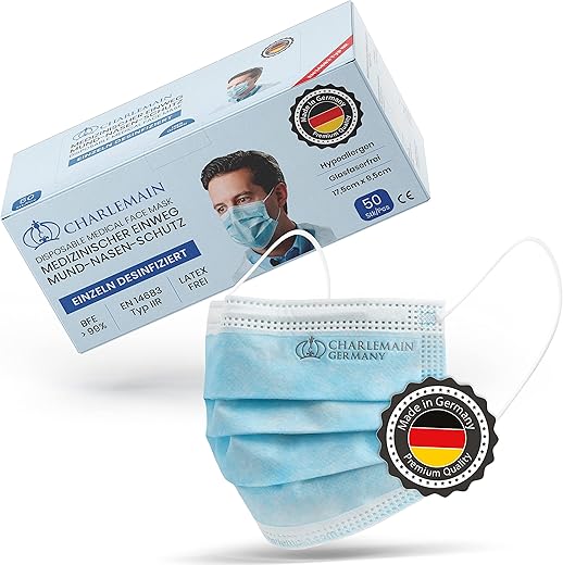 Charlemain 50 Piezas Mascarilla quirúrgica, EN 14683 tipo IIR, protección médica de la boca y la nariz, BFE > 99%, 3 capas, resistente a las salpicaduras, inodoro, sin látex, Azul