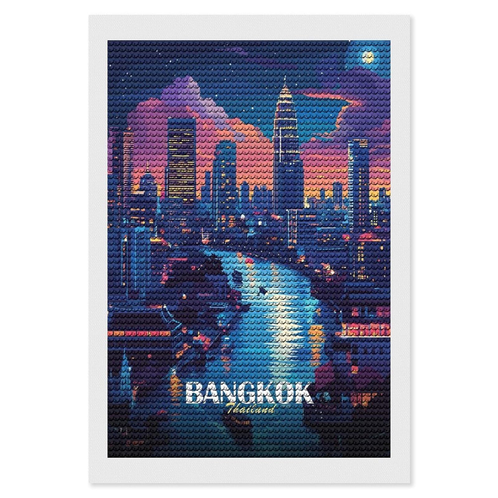Junmoney Bangkok Thailand Cityscape at Night Round Drill Diamond Painting 8"x12", for Adults, Creative Leisure Activity, Office Decor, Holiday Gift Idea