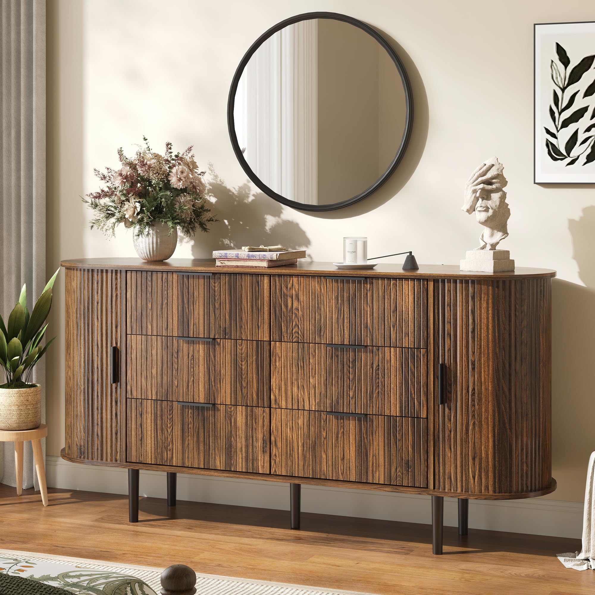 Modern 6 Drawer Dresser - Fluted Wood Chest, Brown