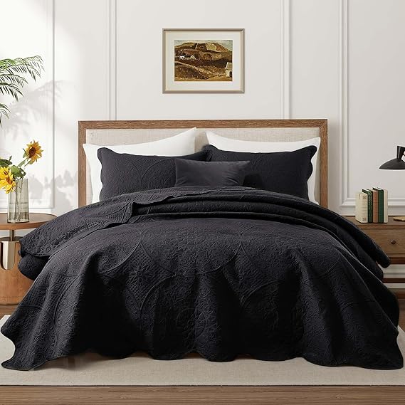 IR Imperial Rooms King Quilt Bedding Set Size (106" x 96") + 2 Pillow Shams (20" x 36"+ 2") - 3 Pcs All Season Lightweight Reversible Microfiber Coverlet Floral Embossed Quilt Bedspread (Black)