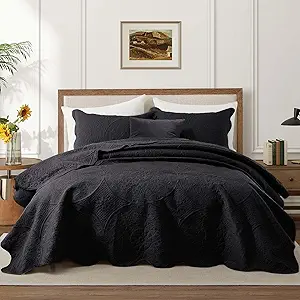 IR Imperial Rooms King Quilt Bedding Set Size (106" x 96") + 2 Pillow Shams (20" x 36"+ 2") - 3 Pcs All Season Lightweight Reversible Microfiber Coverlet Floral Embossed Quilt Bedspread (Black)
