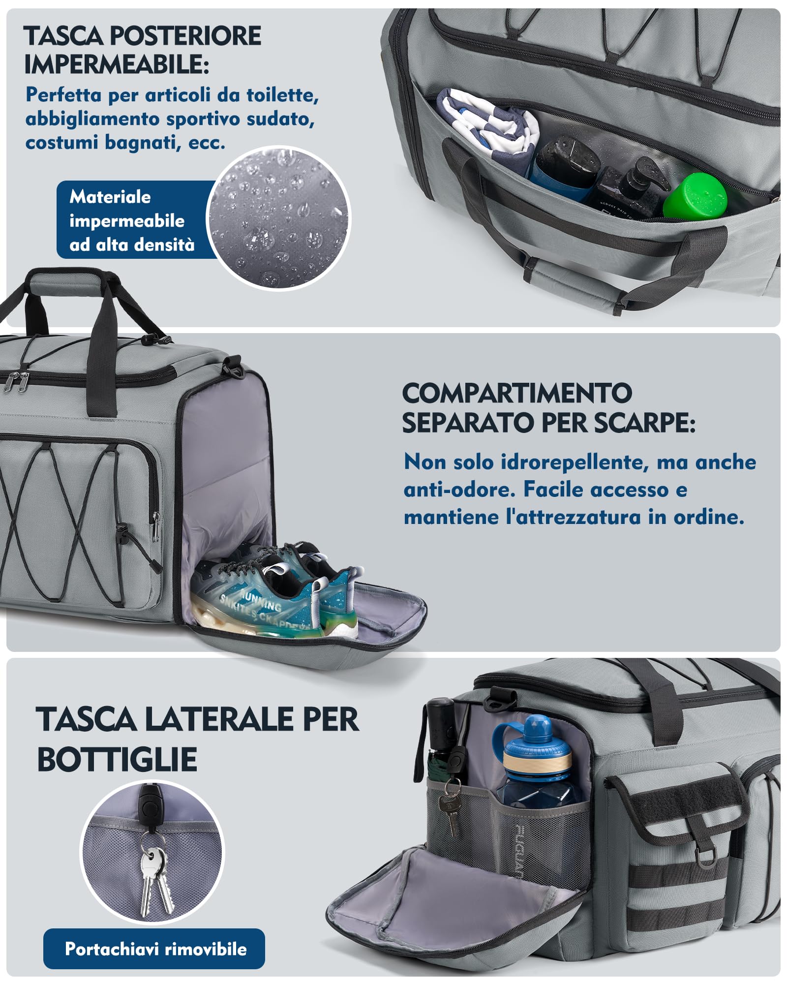 RAINSMORE 45L Borsone Palestra Uomo Donna 3 in 1 Trasformabile in Zaino Borsone da Viaggio con Scomparto Scarpe e Tasca Umida Borsa Sportiva per Fitness Nuoto Yoga Weekend Grigio