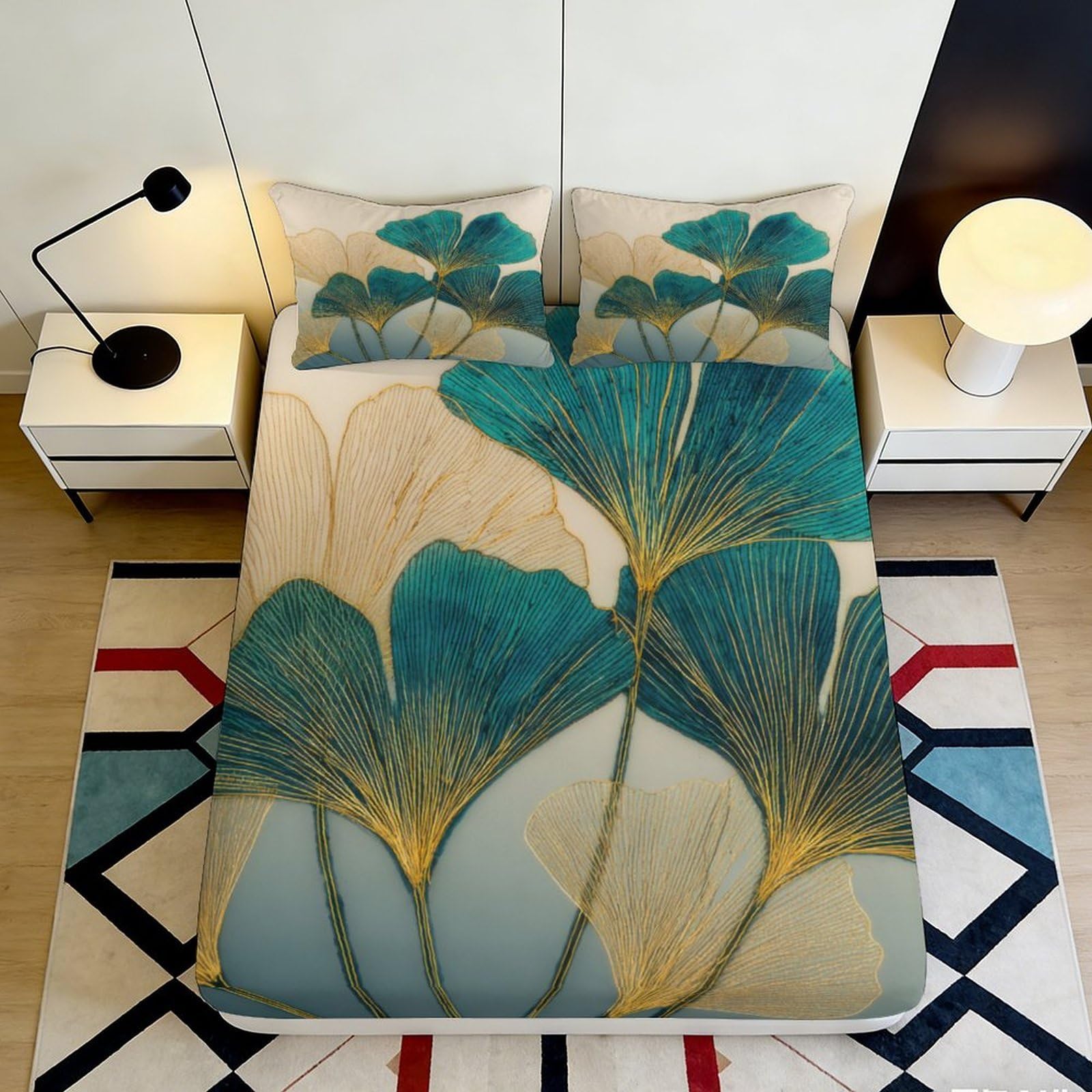 3D Printed Green Ginkgo Leaf Fitted Sheet Microfiber Soft Breathable Golden Botanical Bed Cover for Bedroom Dorm Decor 90x200x25cm