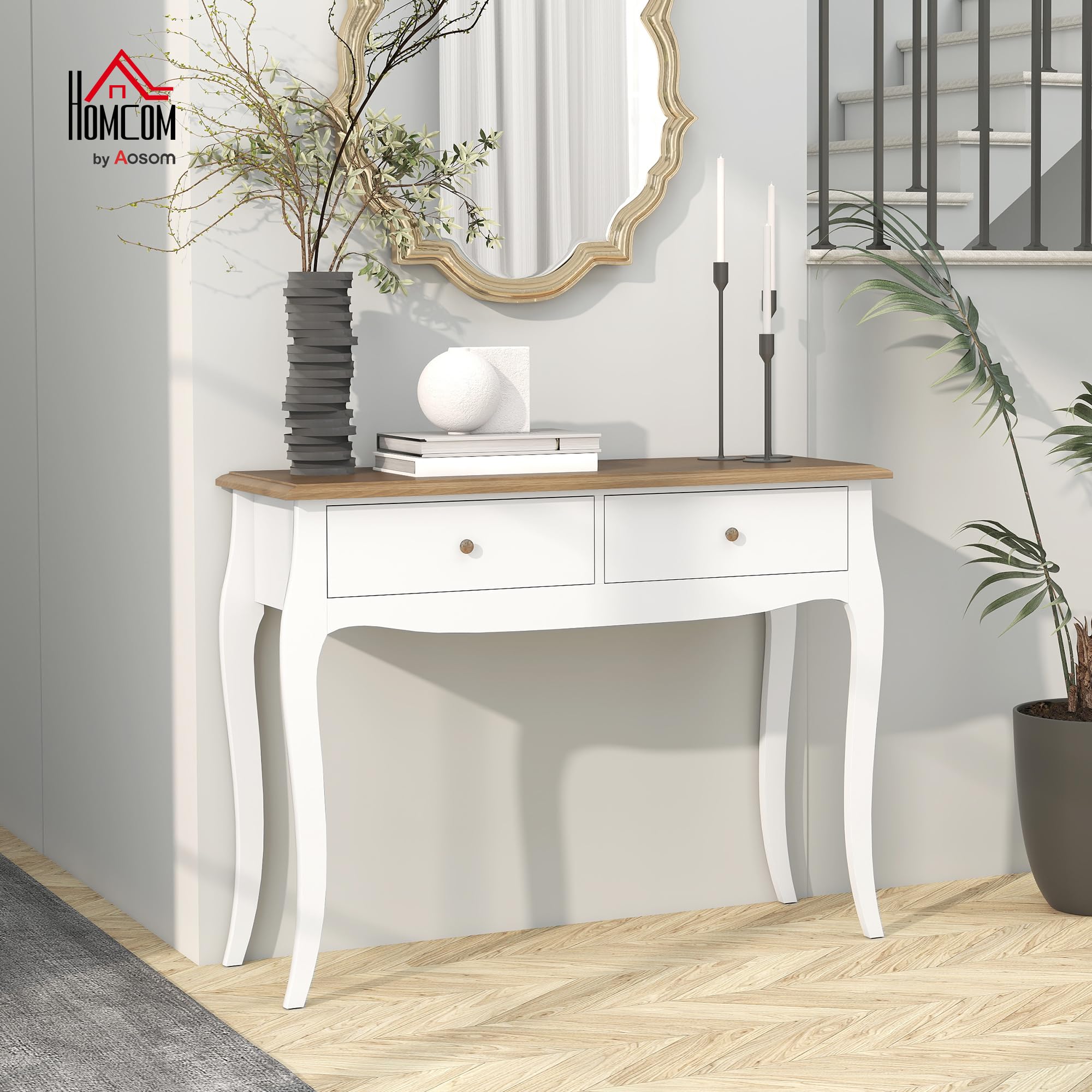 HOMCOM Tavolo Consolle Moderno con 2 Cassetti, Consolle da Ingresso in MDF e Truciolato, 100x35x76.5 cm, Bianco e Marrone Scuro