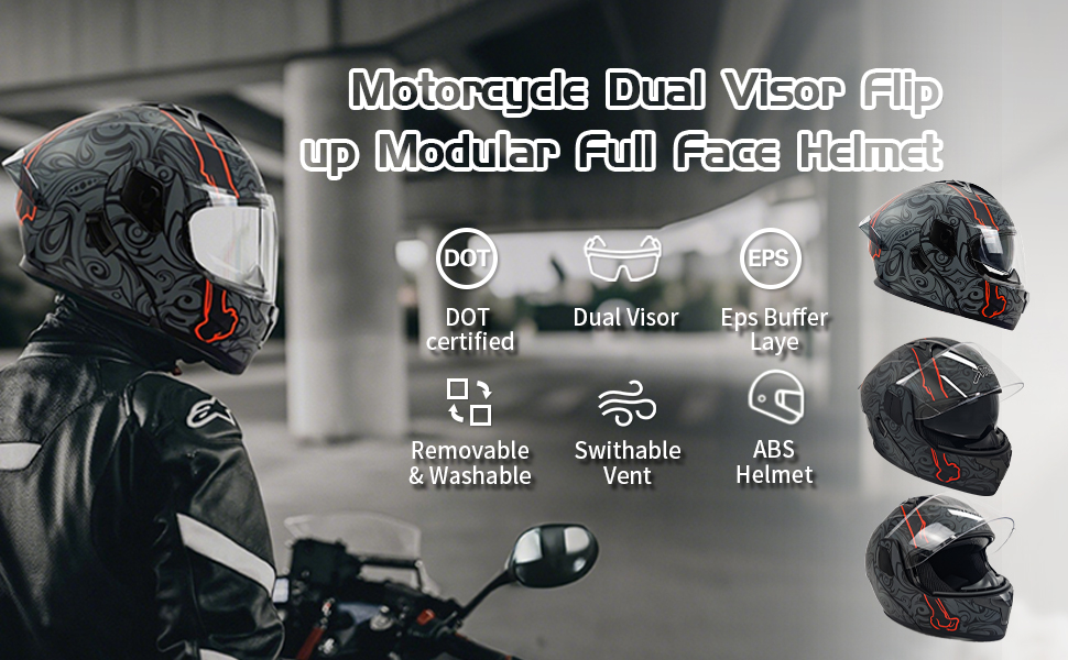 Modular Motorcycle Full Face Helmet,Flip Up Dual Visor Sun Shield