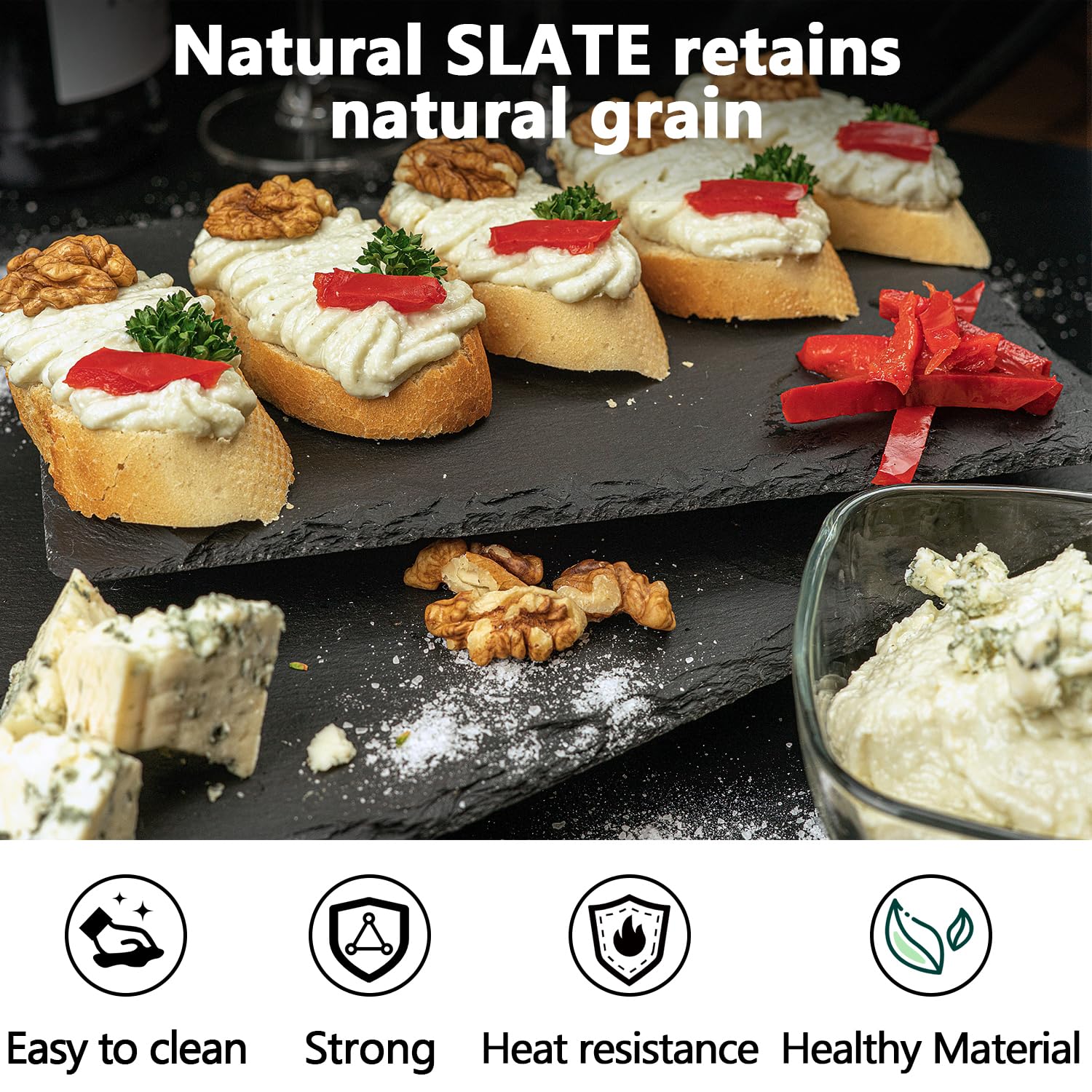 Paquete de 4 tablas de queso de pizarra negra de 12 x 10 pulgadas, bandeja rectangular de piedra natural con 4 tizas de piedra para servir alimentos, carnes, frutas, aperitivos