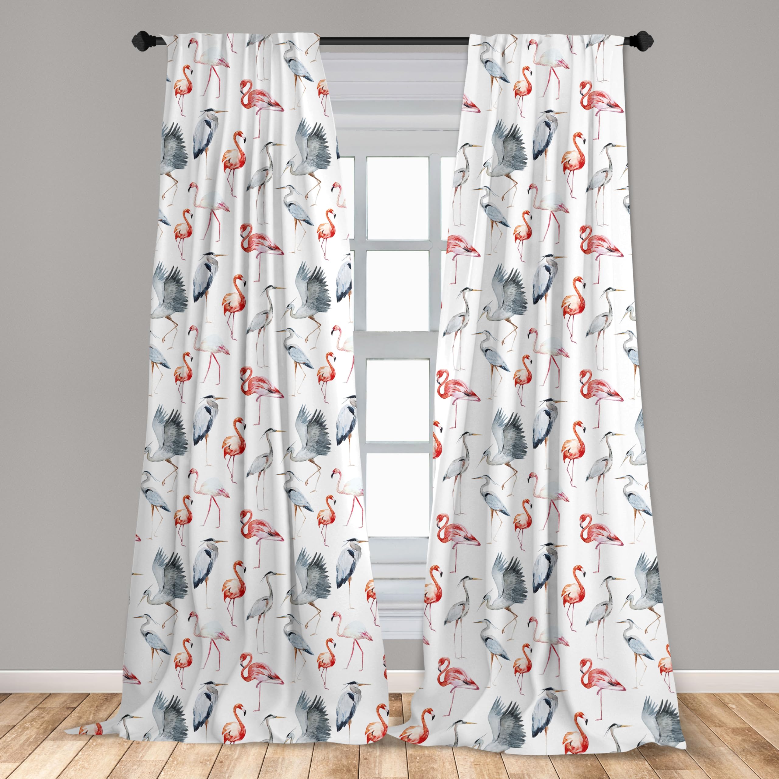 ABAKUHAUS Zasłony z flamingiem, firany, czaple, ptaki, akwarela, zabiegi okienne do salonu, sypialni, 2 sztuki, 75 cm szer. x 245 cm, kolor szary, kolor biały