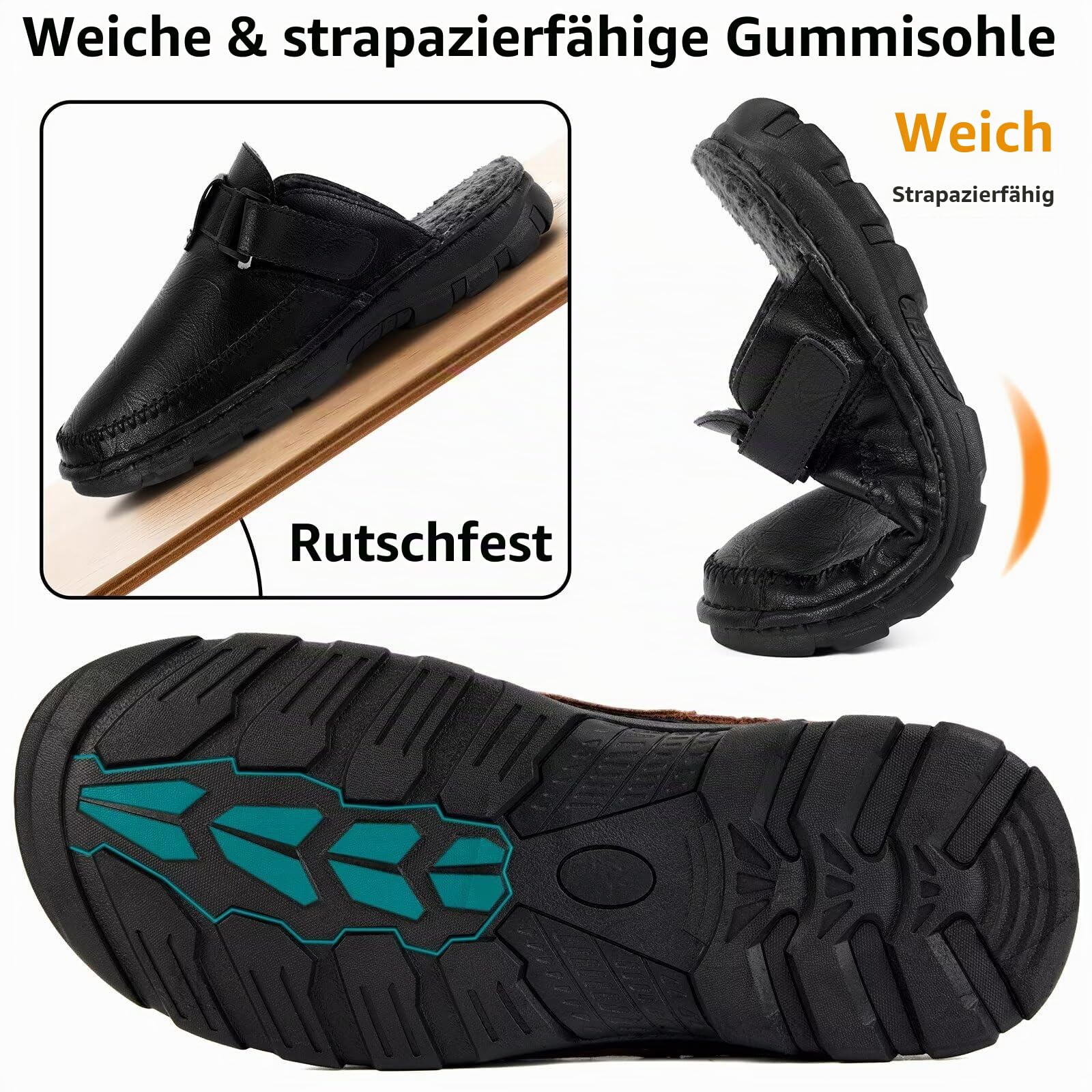 Hausschuhe Herren Leder Warm Plüsch Gefüttert Pantoffeln Clogs Mit Rutschfest Gummisohle