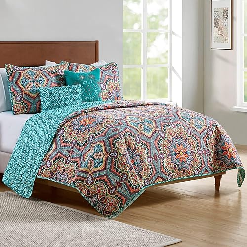 Miniatura 3 de VCNY Home Yara Medallion - Juego de edredón reversible de 5 piezas, tamaño King, aguamarina