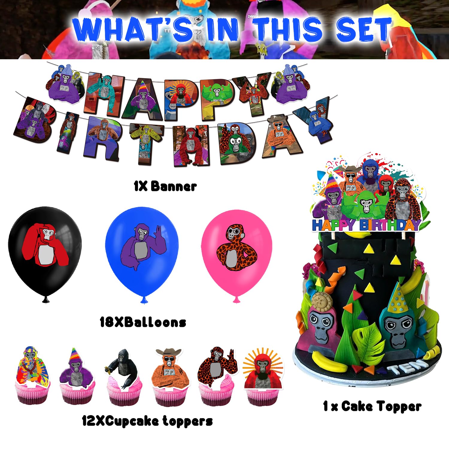 Kit Decorazione Compleanno Godzilla: 18 Palloncini, Striscione E 13 Topper Per Torta - 2