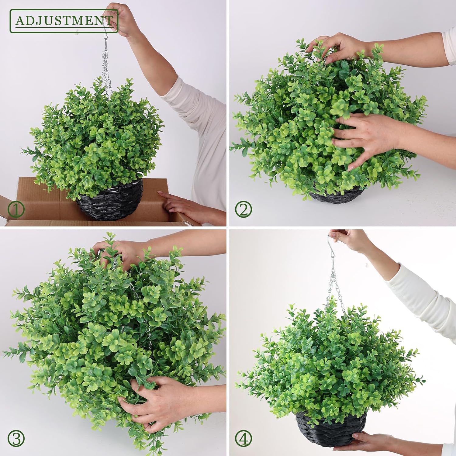FOTEEWL Artificial Boxwood Hanging Baskets - 2 Sets of Hanging Plant Fake Bushes with Baskets,UV-Resistant Suitable for Outdoor,Porches,Eaves,Farmhouses,Courtyard Decorations