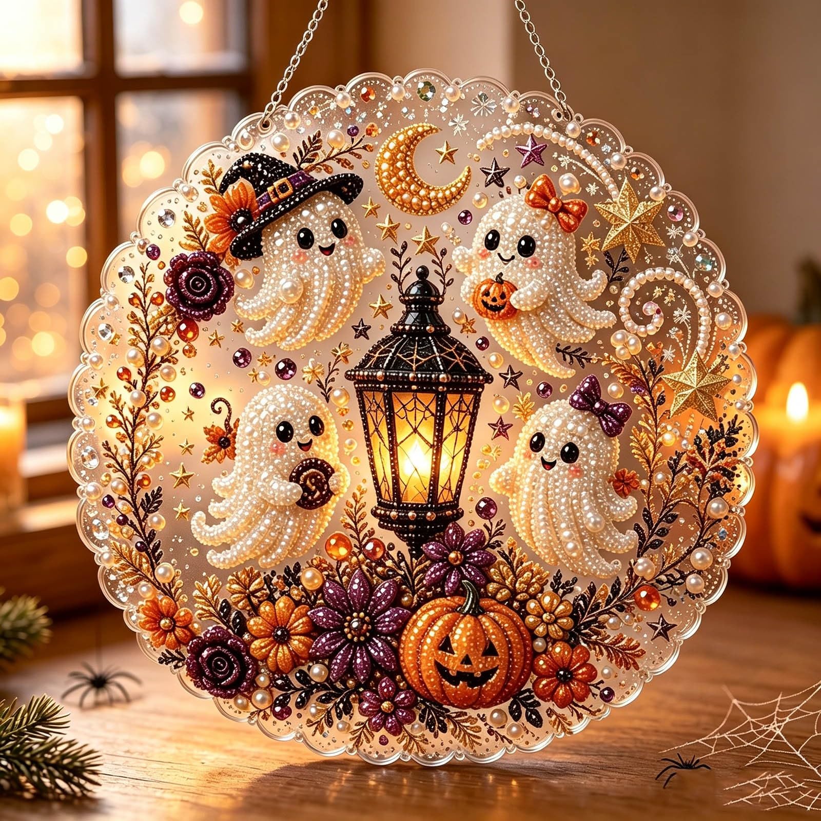 Pearl Art Kits for Adults, Halloween Decoration Diamond Art, DIY Craft Painting Hanging Ornament Crystal Rhinestone for Home Wall Window Craft