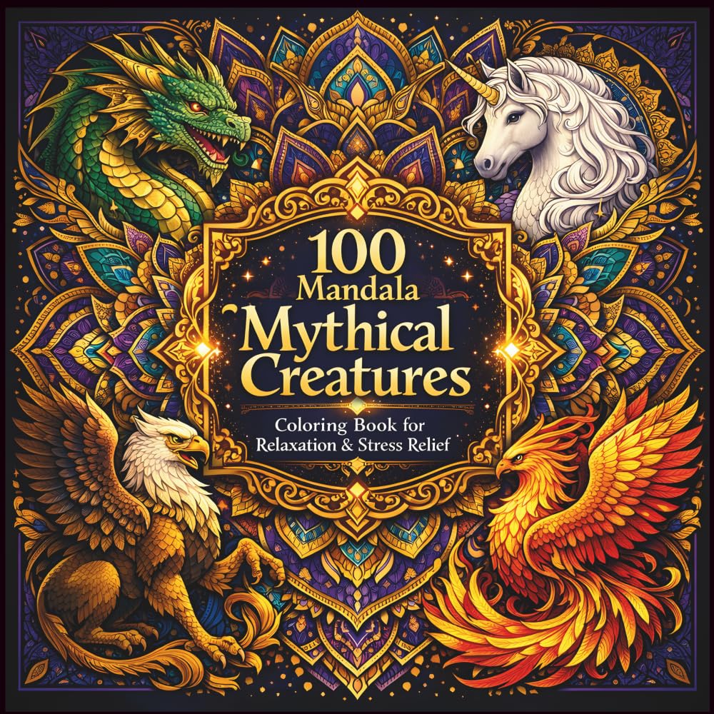 100 Mandala Mythical Creatures Coloring Book for Relaxation & Stress Relief: Mindful Coloring Book Featuring Dragons, Unicorns, Griffins & More