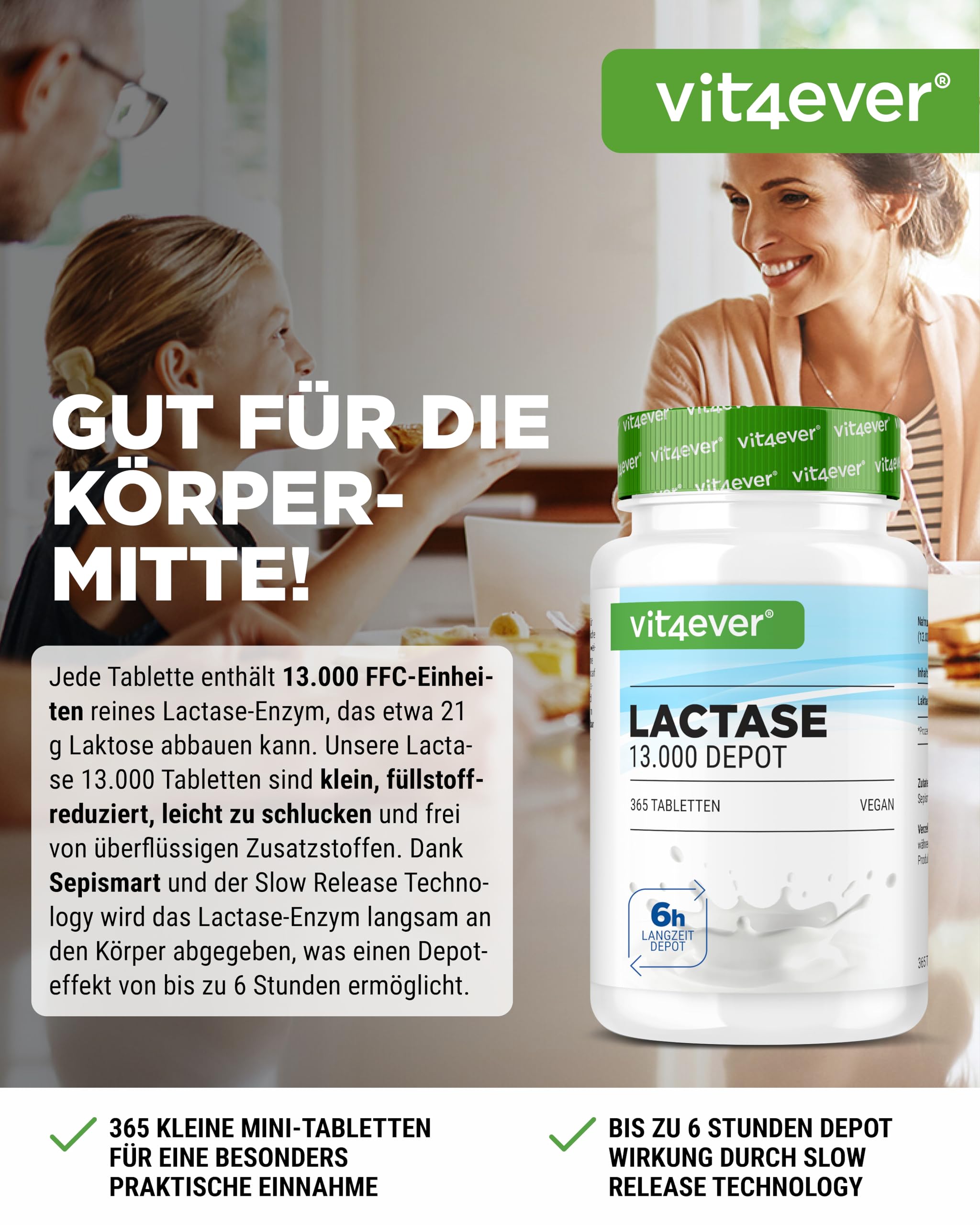 vit4ever Laktase 13.000 Depot - 365 Tabletten mit Depotwirkung (Sepismart® Slow Release) - Hochdosiert mit 13.000 FCC-Einheiten - Bei Laktoseintoleranz + Milchunverträglichkeit - Vegan