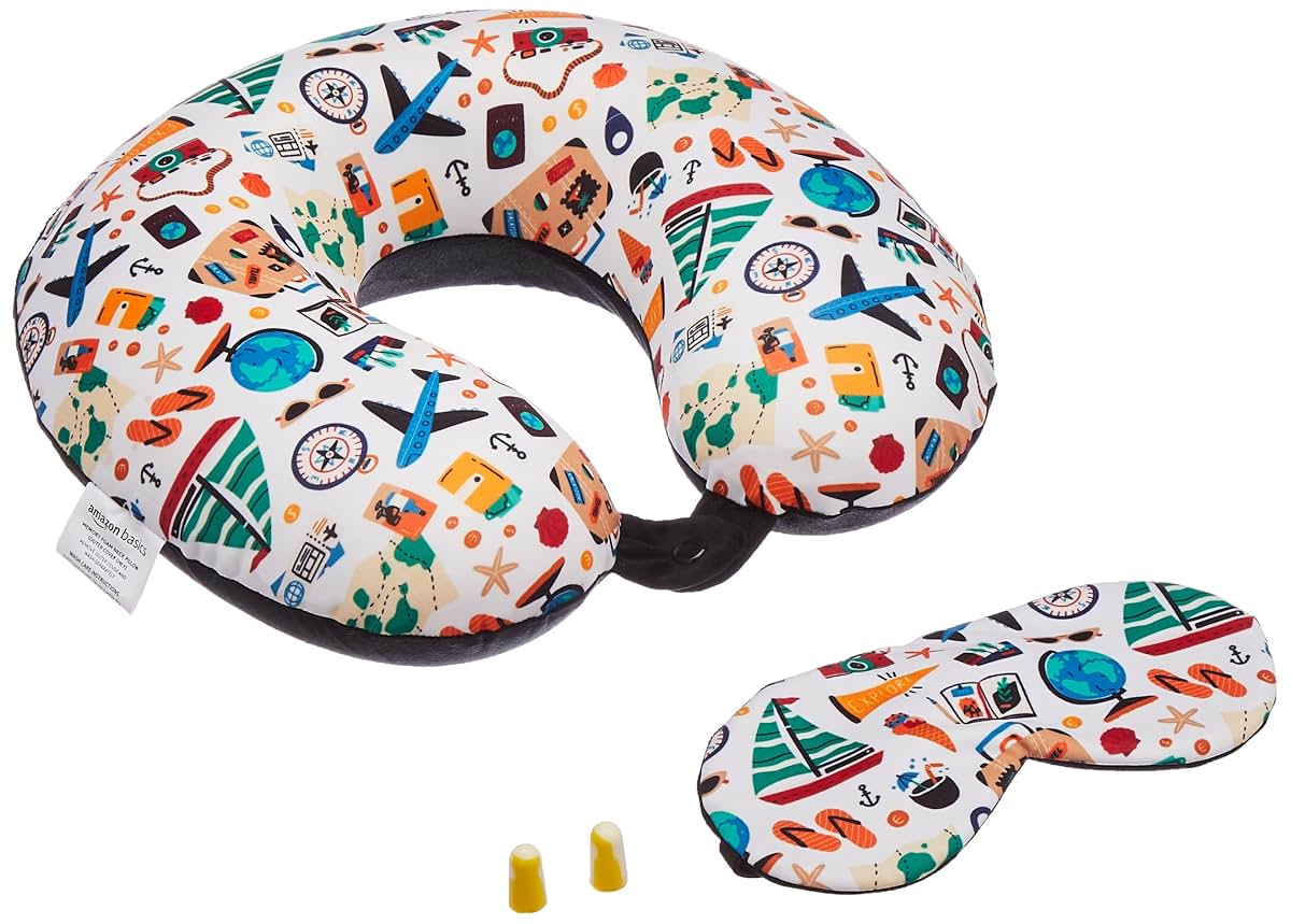 amazon basics 100% Memory Foam Travel Neck Pillow with Eye Mask and Ear Plugs Combo|Ergonomically