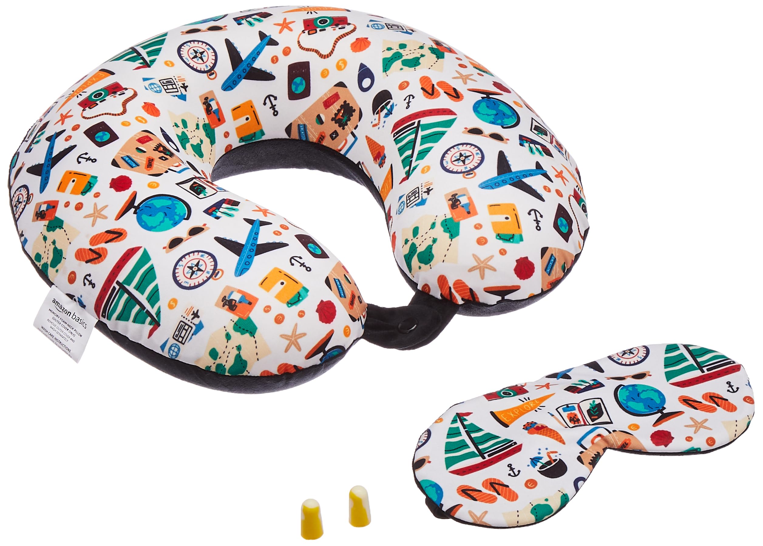 amazon basics 100% Memory Foam Travel Neck Pillow with Eye Mask and Ear Plugs Combo|Ergonomically Designed for Ultimate Comfort, Perfect for Air, Car, Train, Bus Travel-Happy Holidays, Standard Size