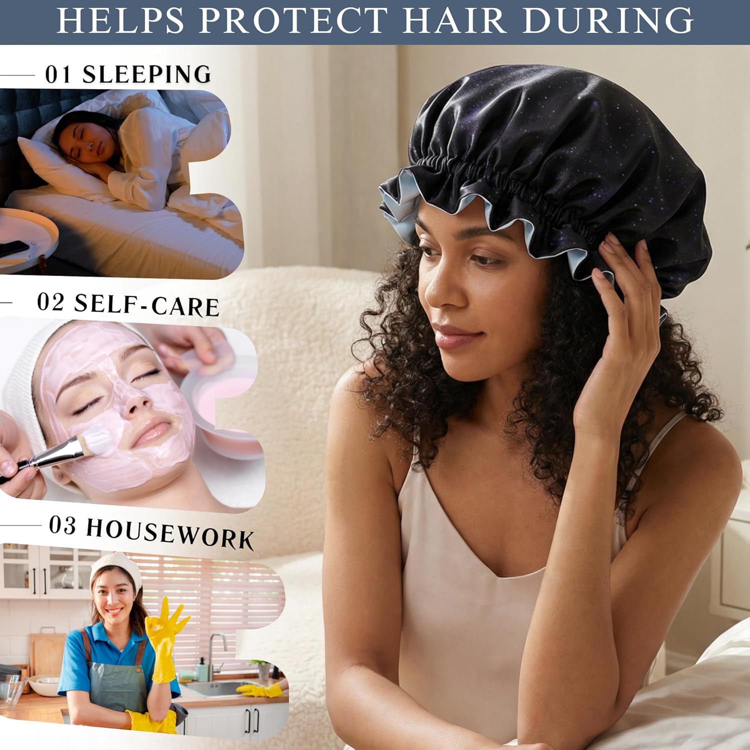 NOCHKA 100% Mulberry Silk Bonnet for Women Hair Care, Double Layered, Silk Hair Wrap for Sleeping with Elastic Stay On (Midnight)