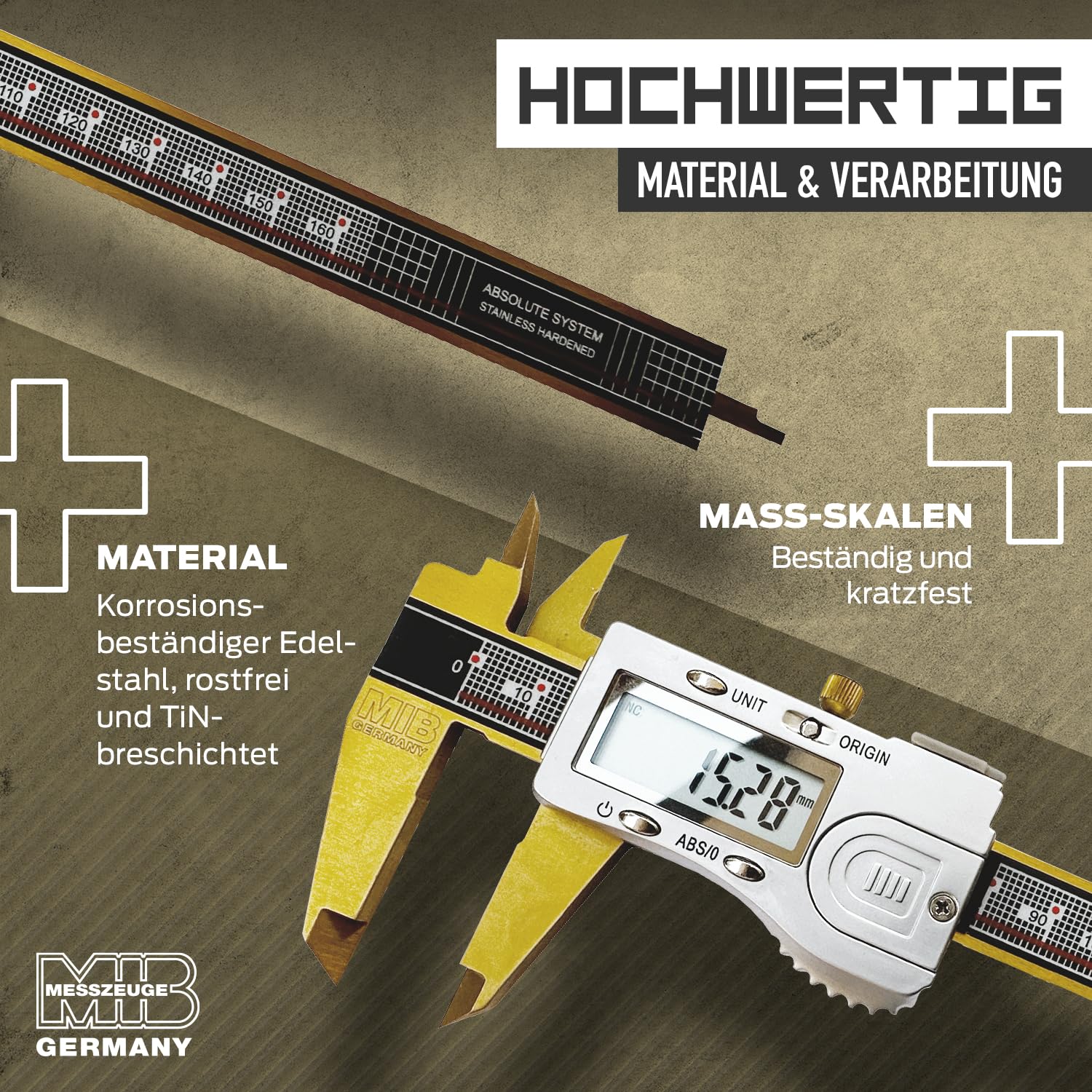 MIB Calibro digitale con sistema assoluto e rivestimento TiN DIN 862, 150 mm, misuratore di precisione, misurazione a 4 livelli, calibrazione, set di utensili digitali con batteria da 3 V e scatola di