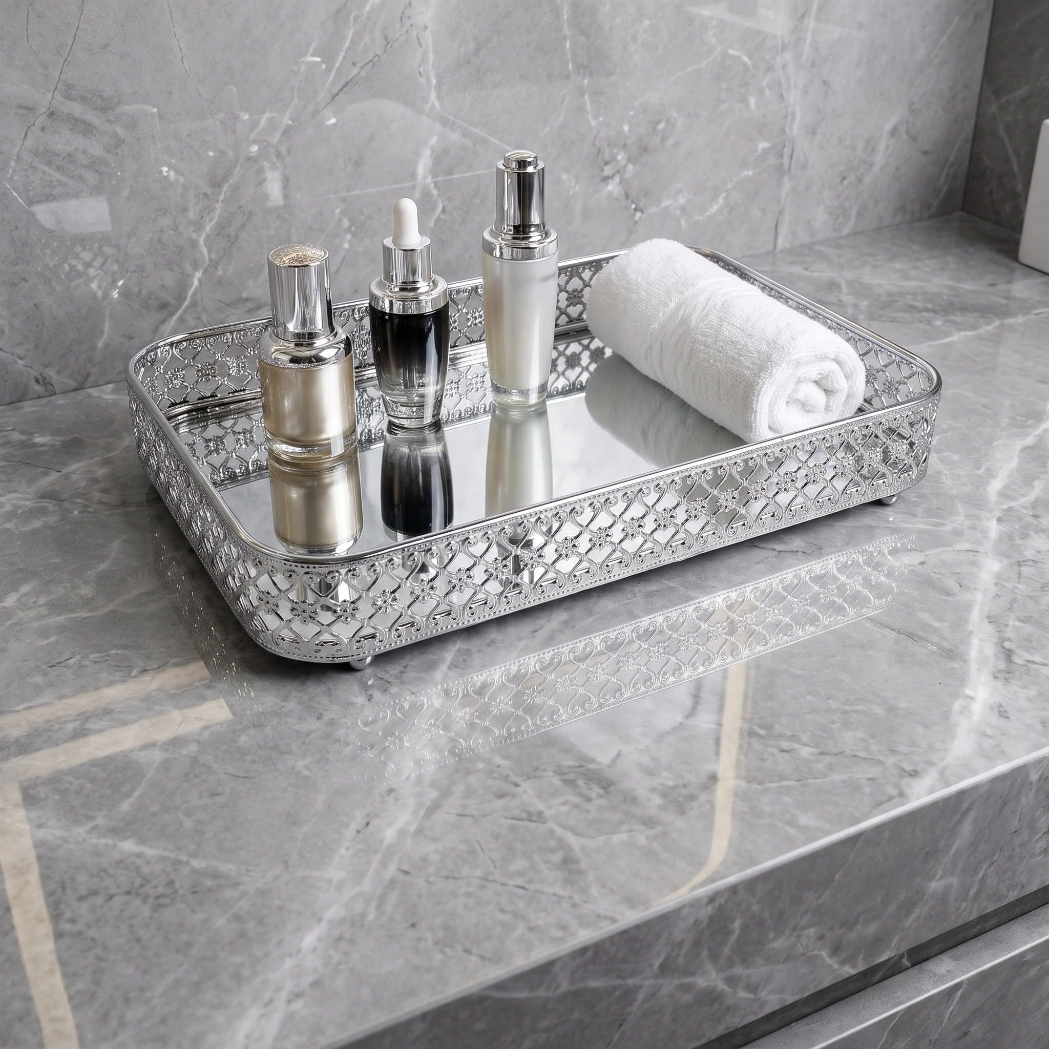 Amosfun Bandeja Decorativa Rectangular de Metal Solución Versátil para Almacenamiento Superficie Espejo Plata, Fácil de Limpiar y Reuniones Familiares y Restaurantes