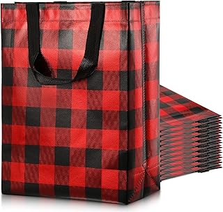 LEIFIDE 12 Pcs Christmas Reusable Tote Bag Non Woven Shiny Bags 11.8 x 9.8 x 3.9 Inch Red and Black Plaid for Christmas Party Supplies Candy Gift Tote Bags with Handles