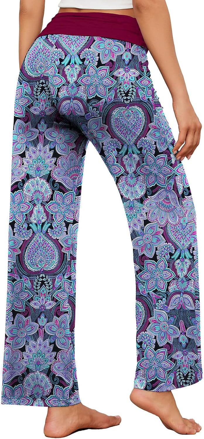 Gracyoga Women's Comfy Pajama Pants Wide Leg Lounge Palazzo Yoga Pants Stretch Casual Floral Print Fold Waist Pants - Image 4
