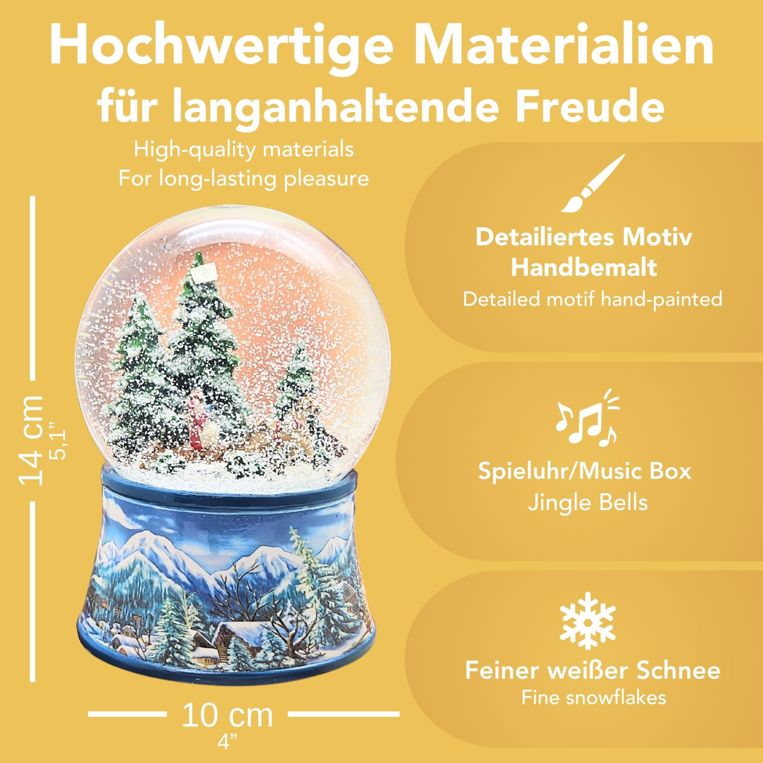 Schneekugel Schlittenfahrt Weihnachtsbaum Holen | Sockel Winterlandschaft hellblau | mit Spieluhr | H:14 cm B: 10 cm | Schüttelkugel | 20102