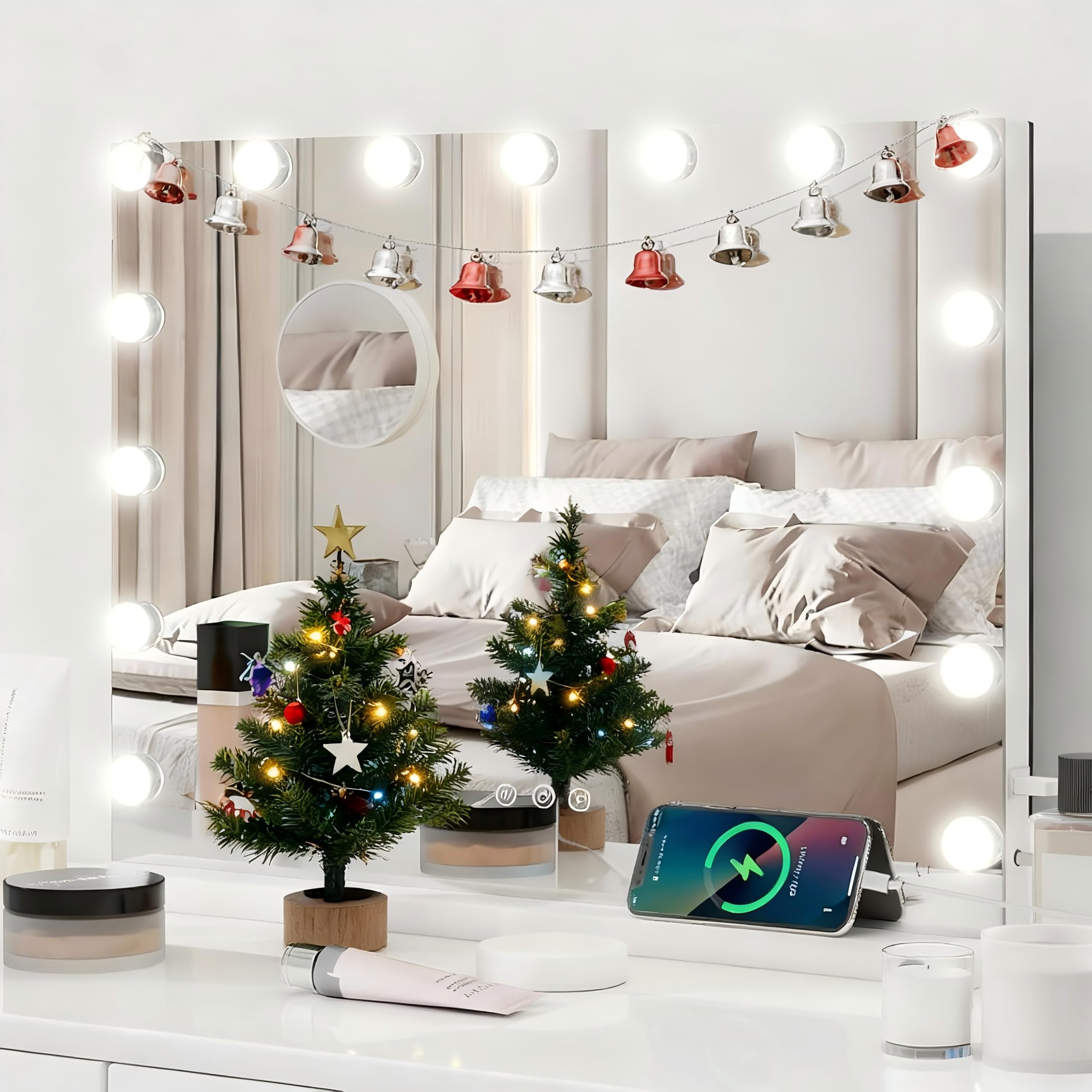 YOURLITE Hollywood Vanity Mirror with Lights, 58×45cm Lighted Makeup Mirror with 15 Dimmable Led Bulbs, 3 Lighting Modes, Touch Screen Control, Tabletop and Wall Mounted for Bedroom